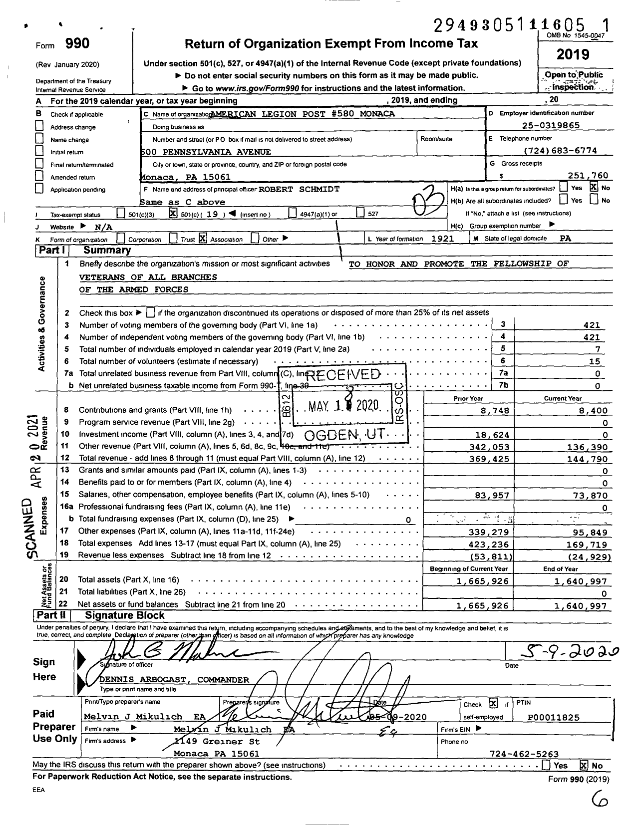 Image of first page of 2019 Form 990 for American Legion - Post 580 Monacatootha