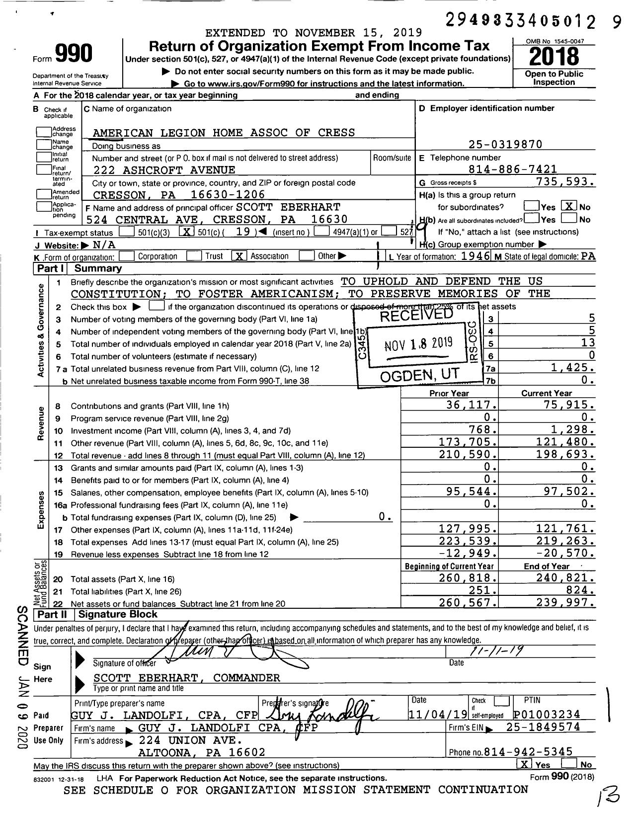 Image of first page of 2018 Form 990O for American Legion Home Association of Cress