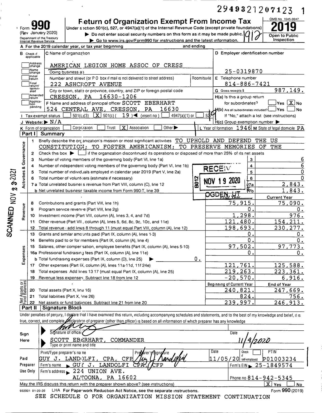 Image of first page of 2019 Form 990O for American Legion Home Association of Cress