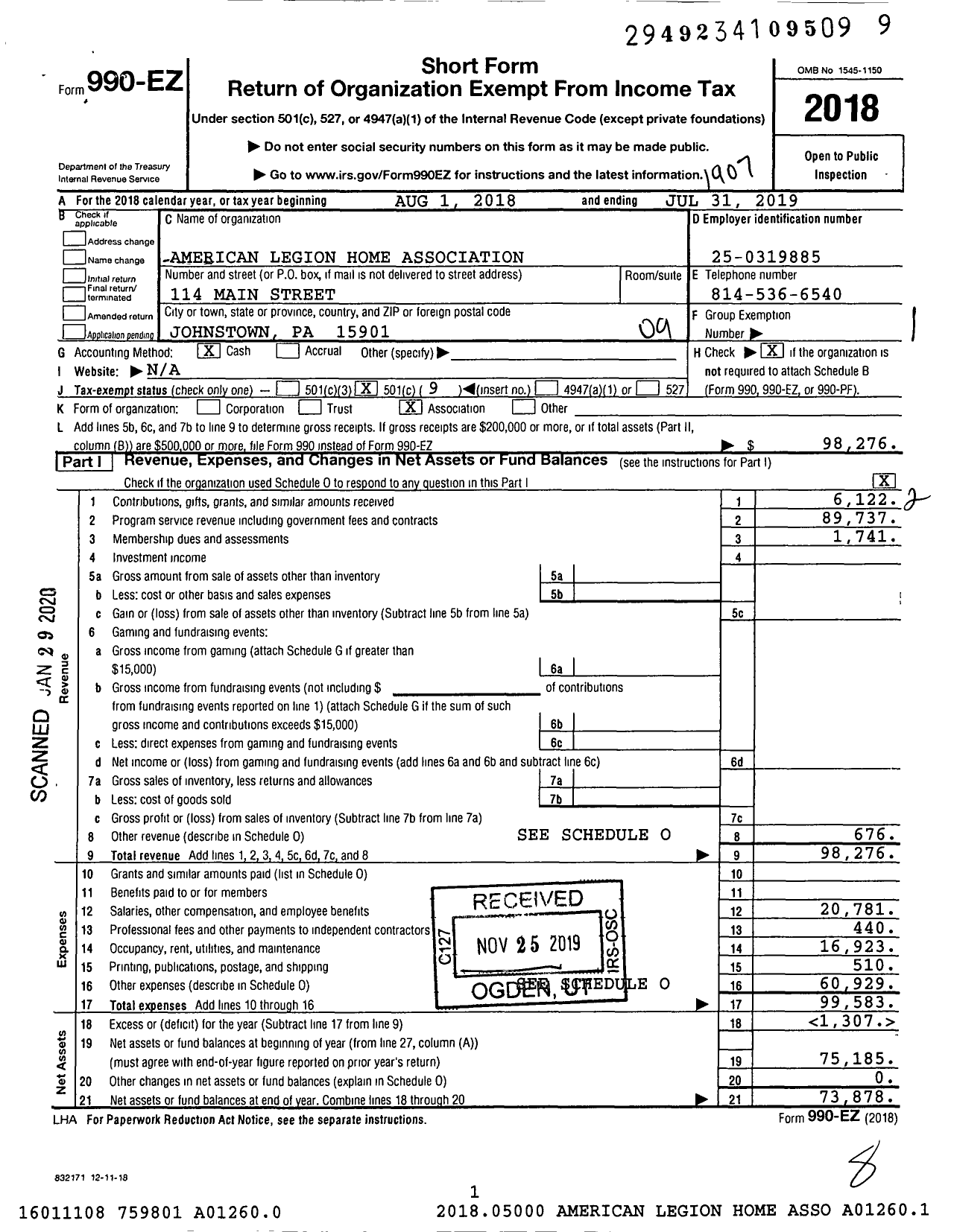 Image of first page of 2018 Form 990EO for American Legion - 0294 Johnstown Post Pa