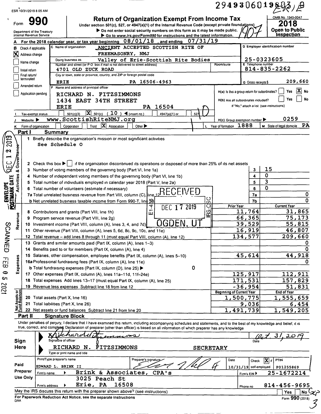 Image of first page of 2018 Form 990O for Scottish Rite, NMJ - Valley of Erie-Scottish Rite Bodies