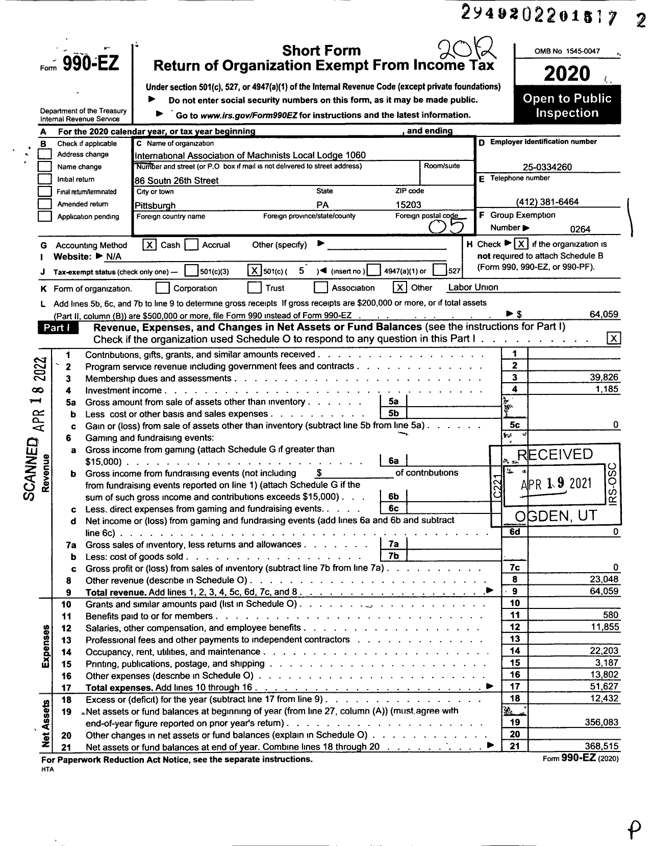 Image of first page of 2020 Form 990EO for International Association of Machinists and Aerospace Workers - 1060