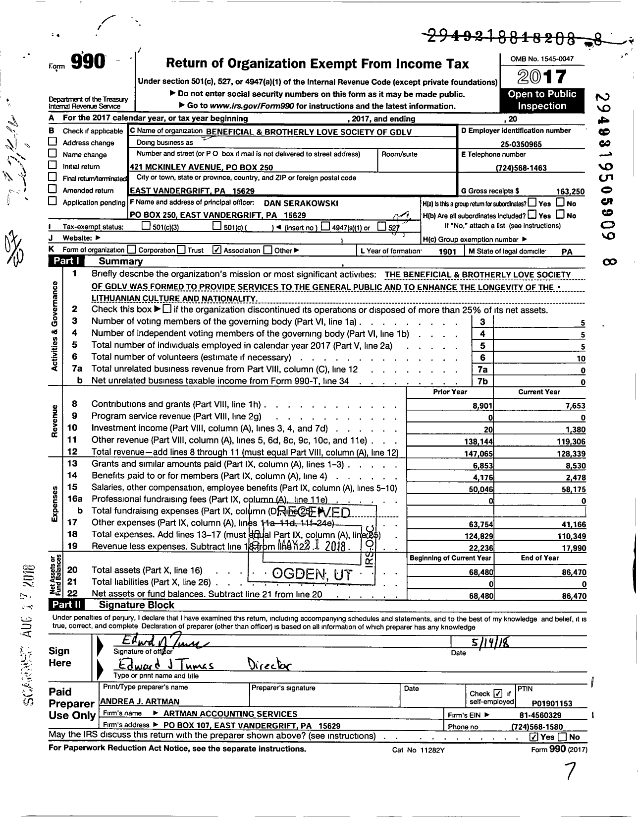 Image of first page of 2017 Form 990O for Beneficial and Brotherly Love Society of GDLV