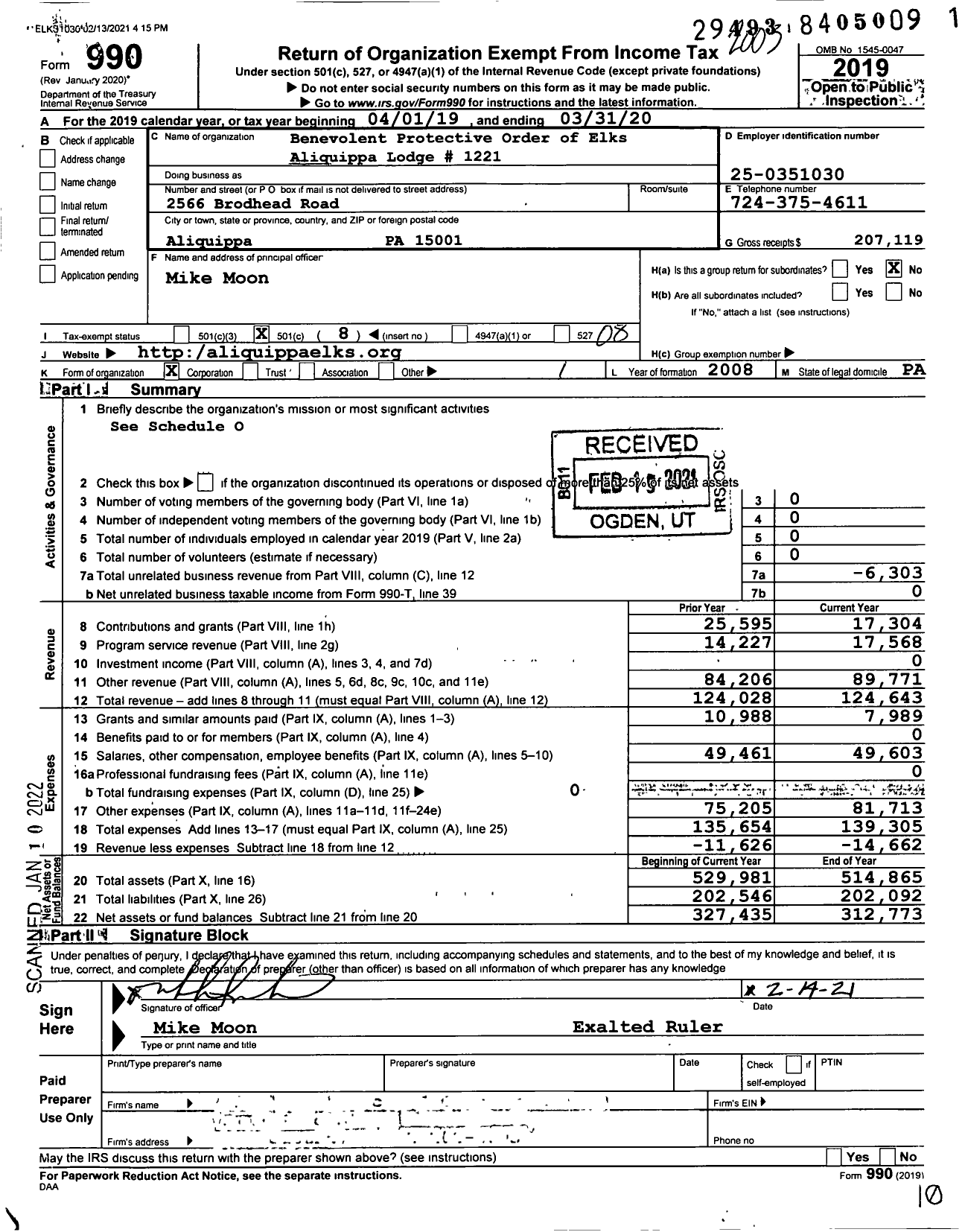 Image of first page of 2019 Form 990O for Benevolent and Protective Order of Elks - 1221 Aliquippa