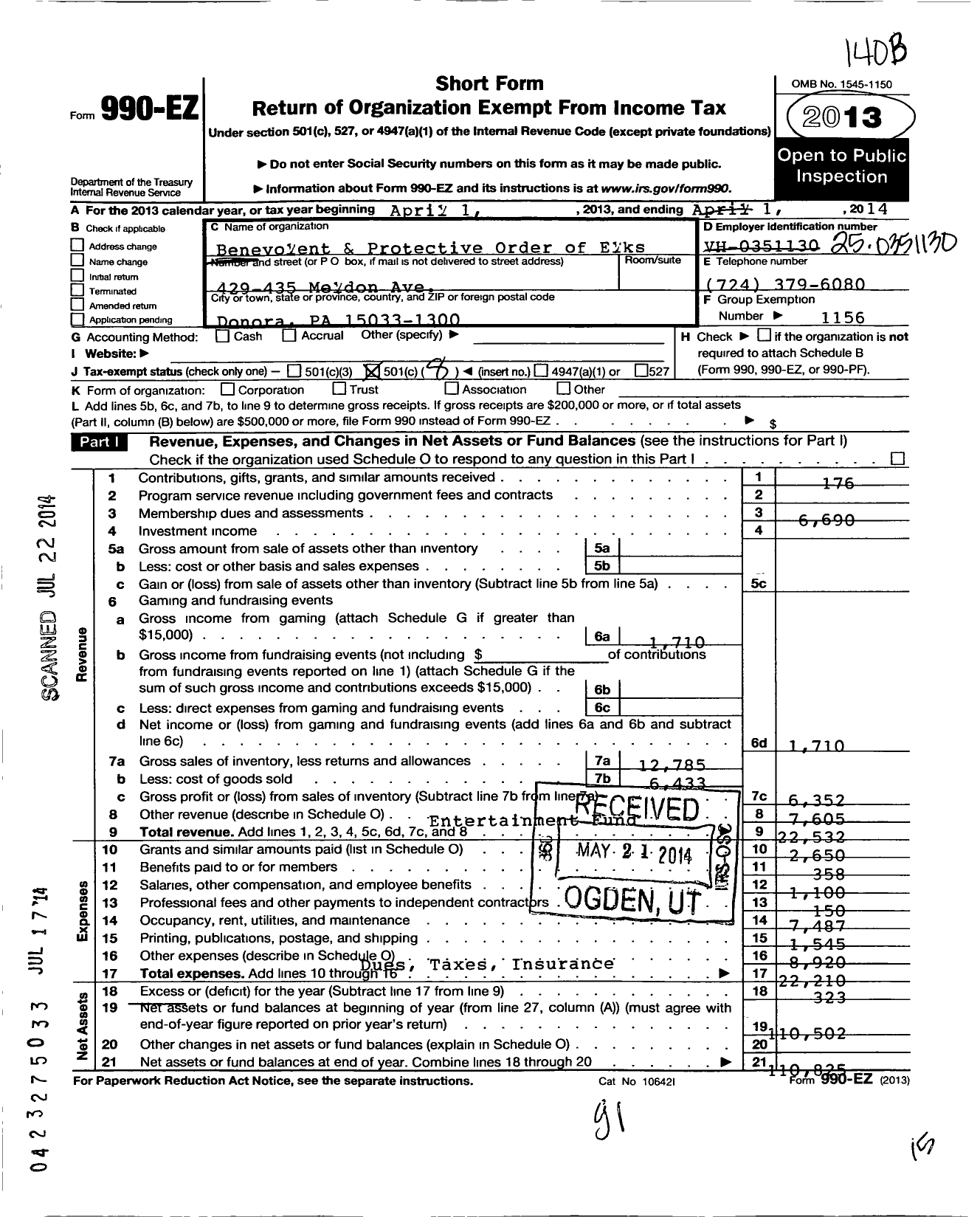 Image of first page of 2013 Form 990EO for Benevolent and Protective Order of Elks