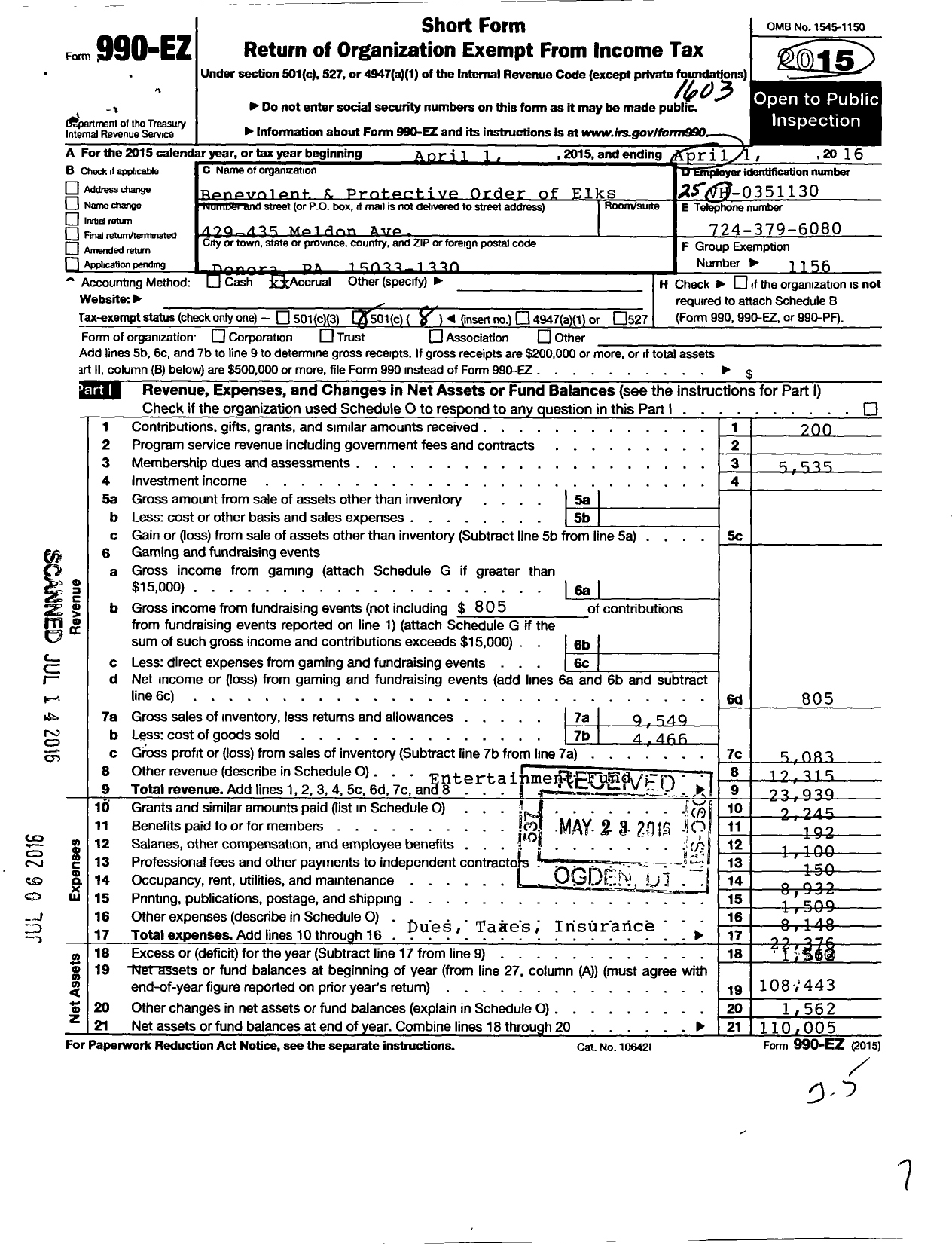 Image of first page of 2015 Form 990EO for Benevolent and Protective Order of Elks