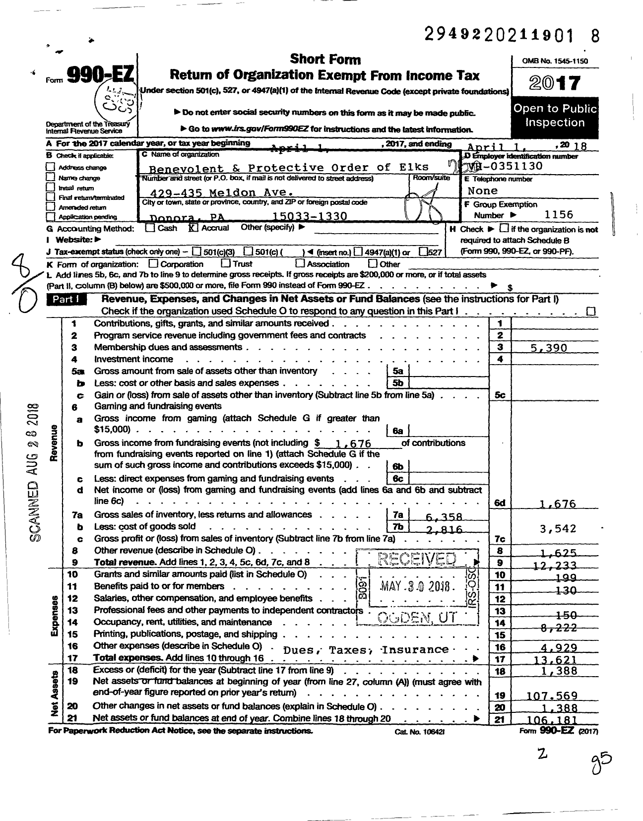 Image of first page of 2017 Form 990EO for Benevolent and Protective Order of Elks