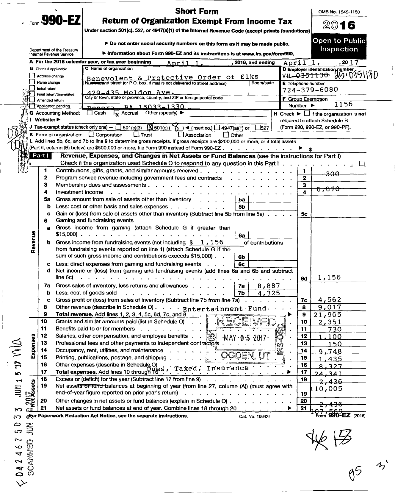 Image of first page of 2016 Form 990EO for Benevolent and Protective Order of Elks