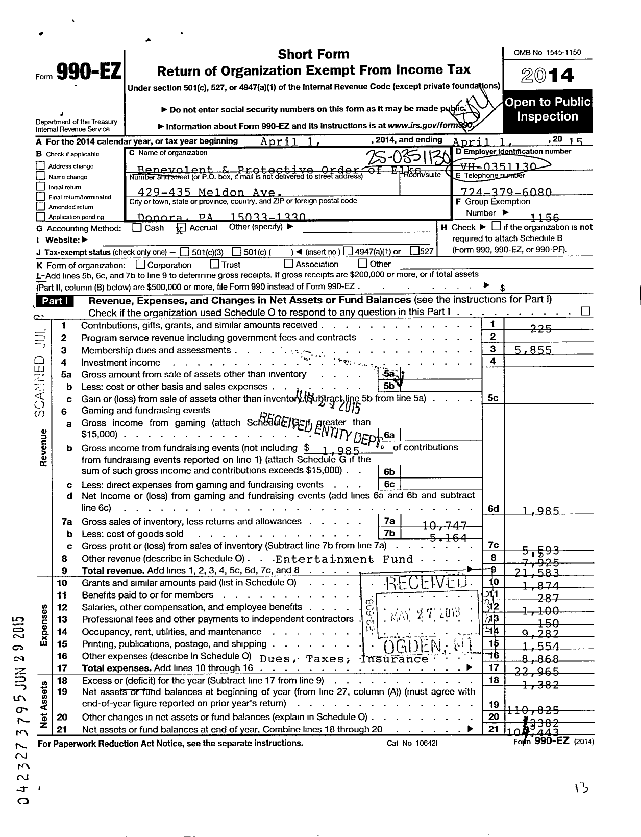 Image of first page of 2014 Form 990EO for Benevolent and Protective Order of Elks