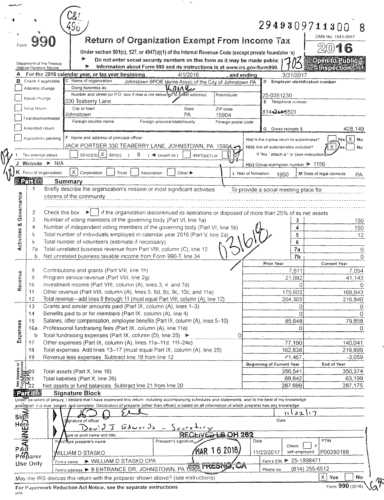 Image of first page of 2016 Form 990O for Johnstown BPOE Home Association of the City of Joh