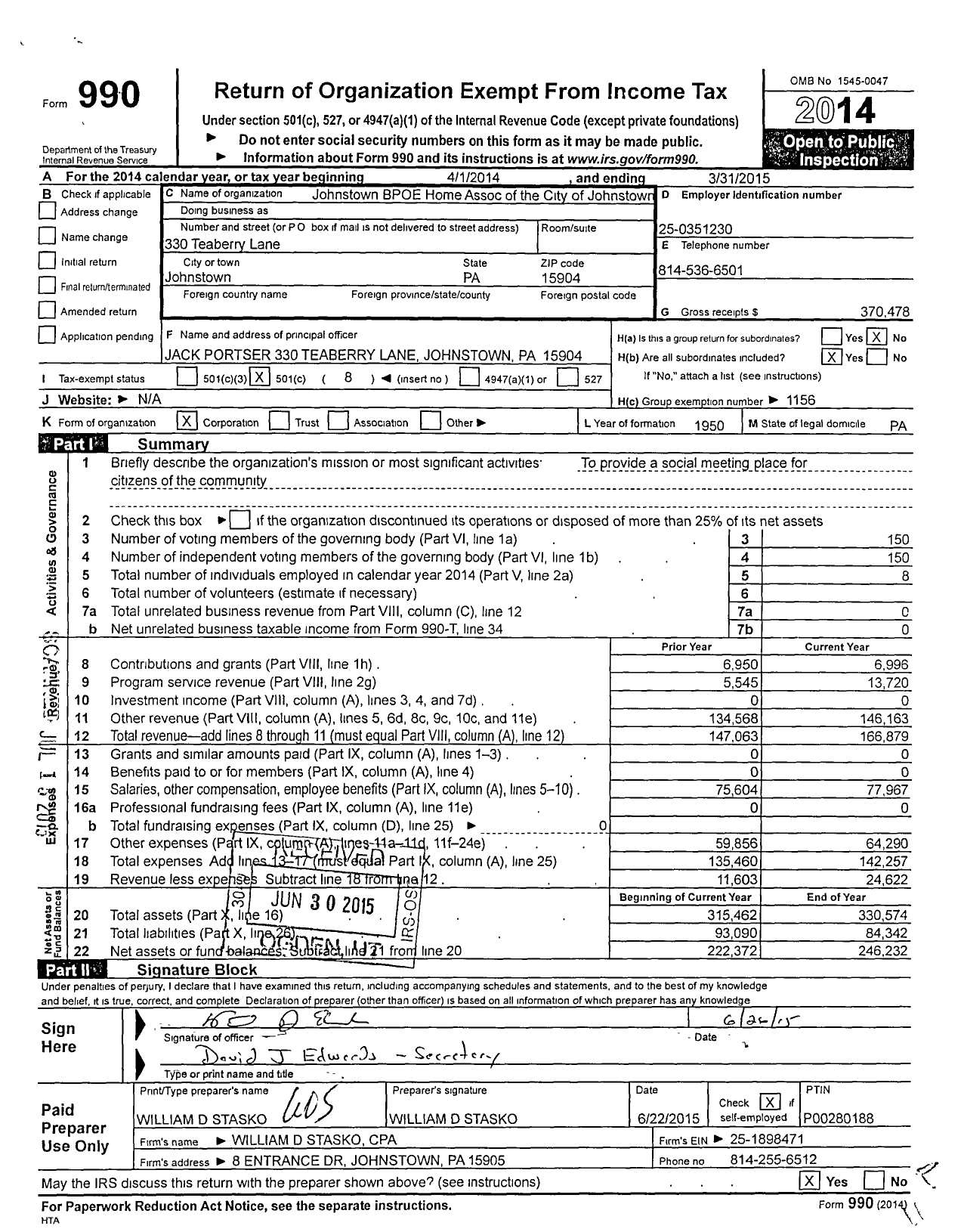 Image of first page of 2014 Form 990O for Johnstown BPOE Home Association of the City of Joh