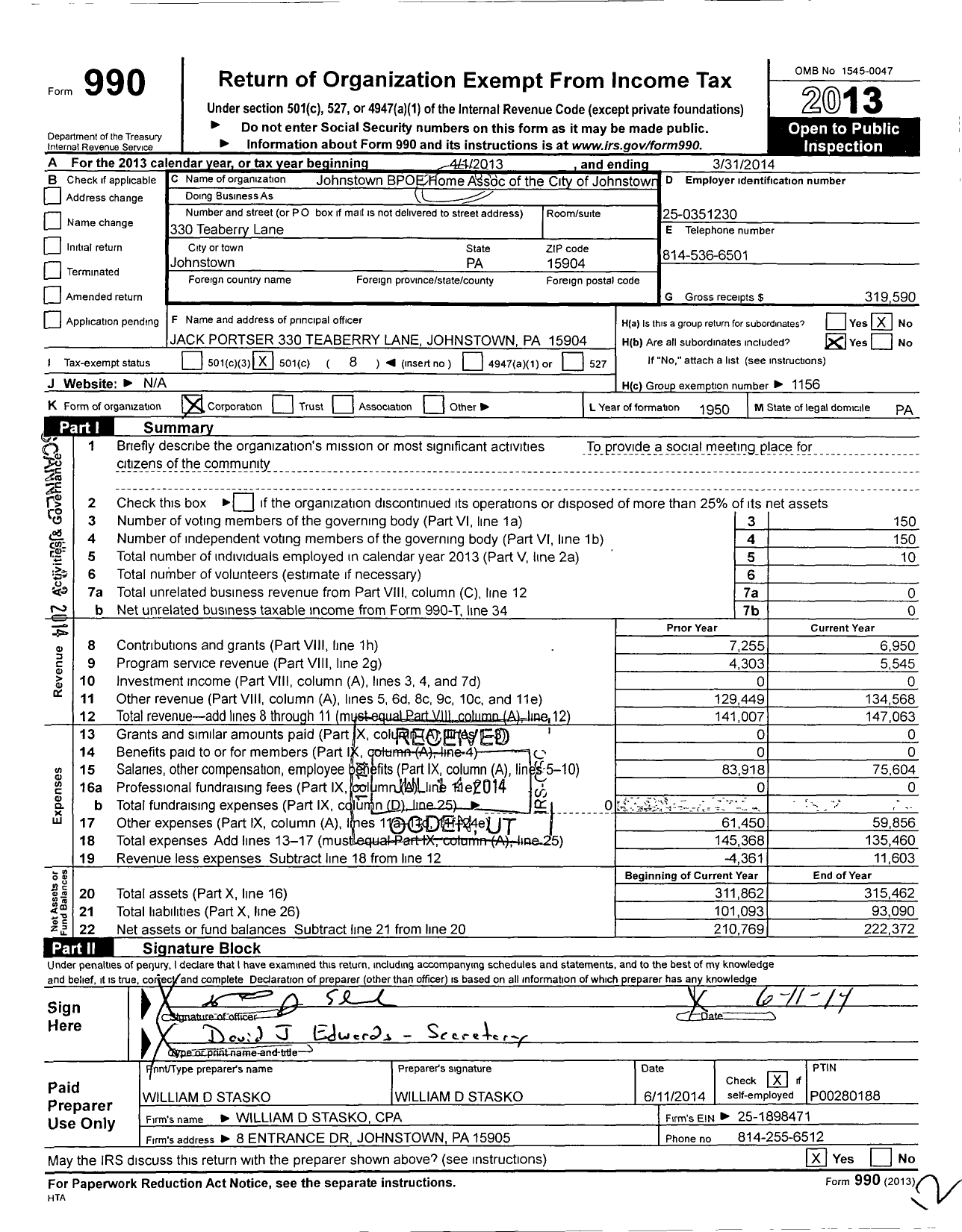 Image of first page of 2013 Form 990O for Johnstown BPOE Home Association of the City of Joh