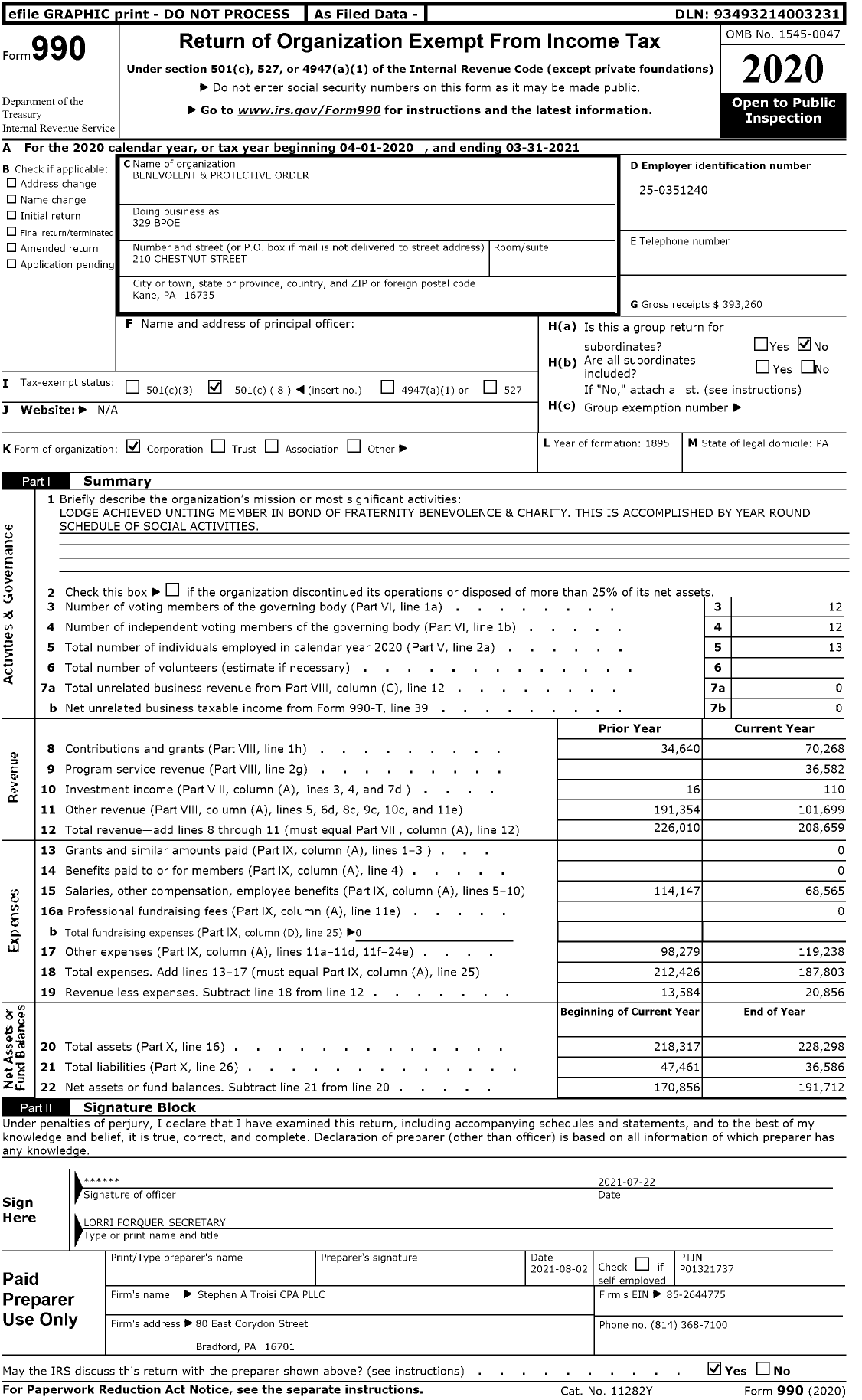 Image of first page of 2020 Form 990O for Benevolent and Protective Order of Elks - 329 Kane