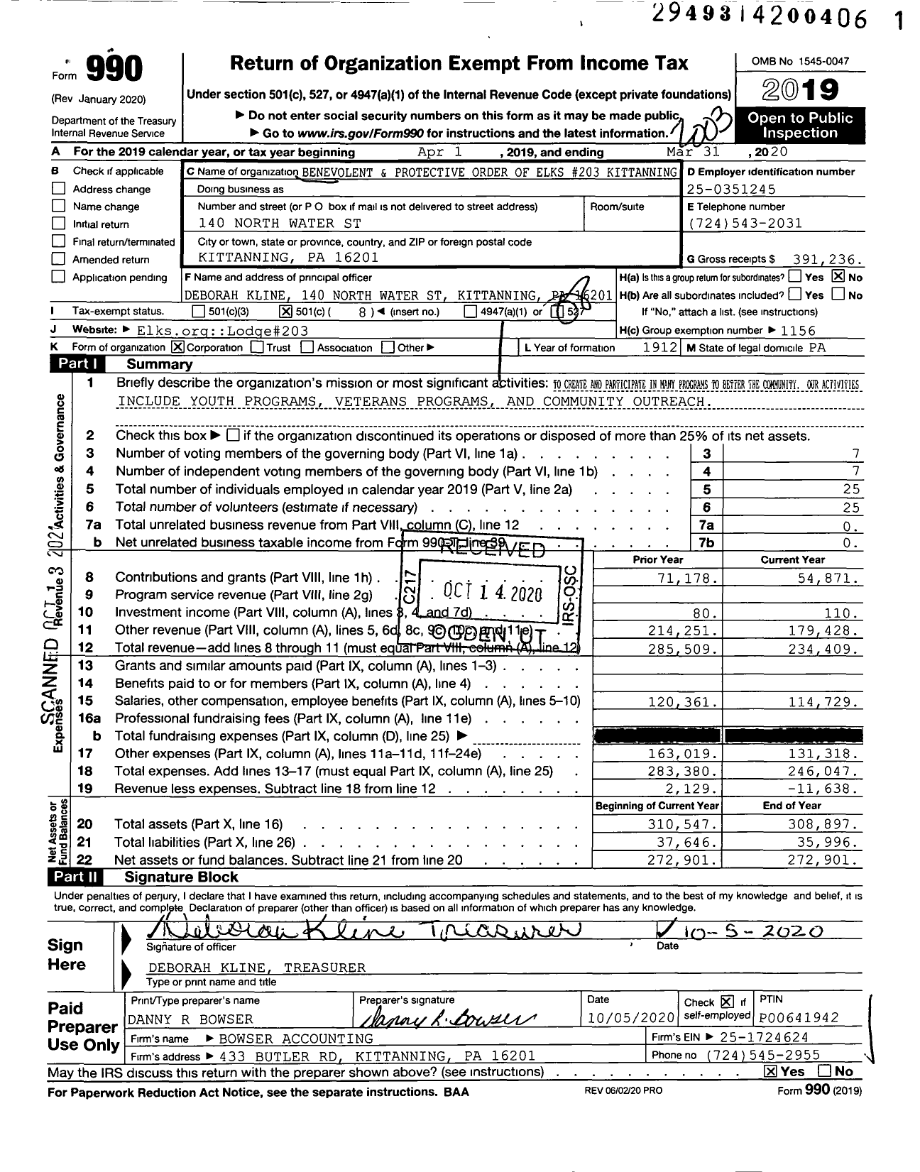 Image of first page of 2019 Form 990O for Benevolent and Protective Order of Elks - 203 Kittanning