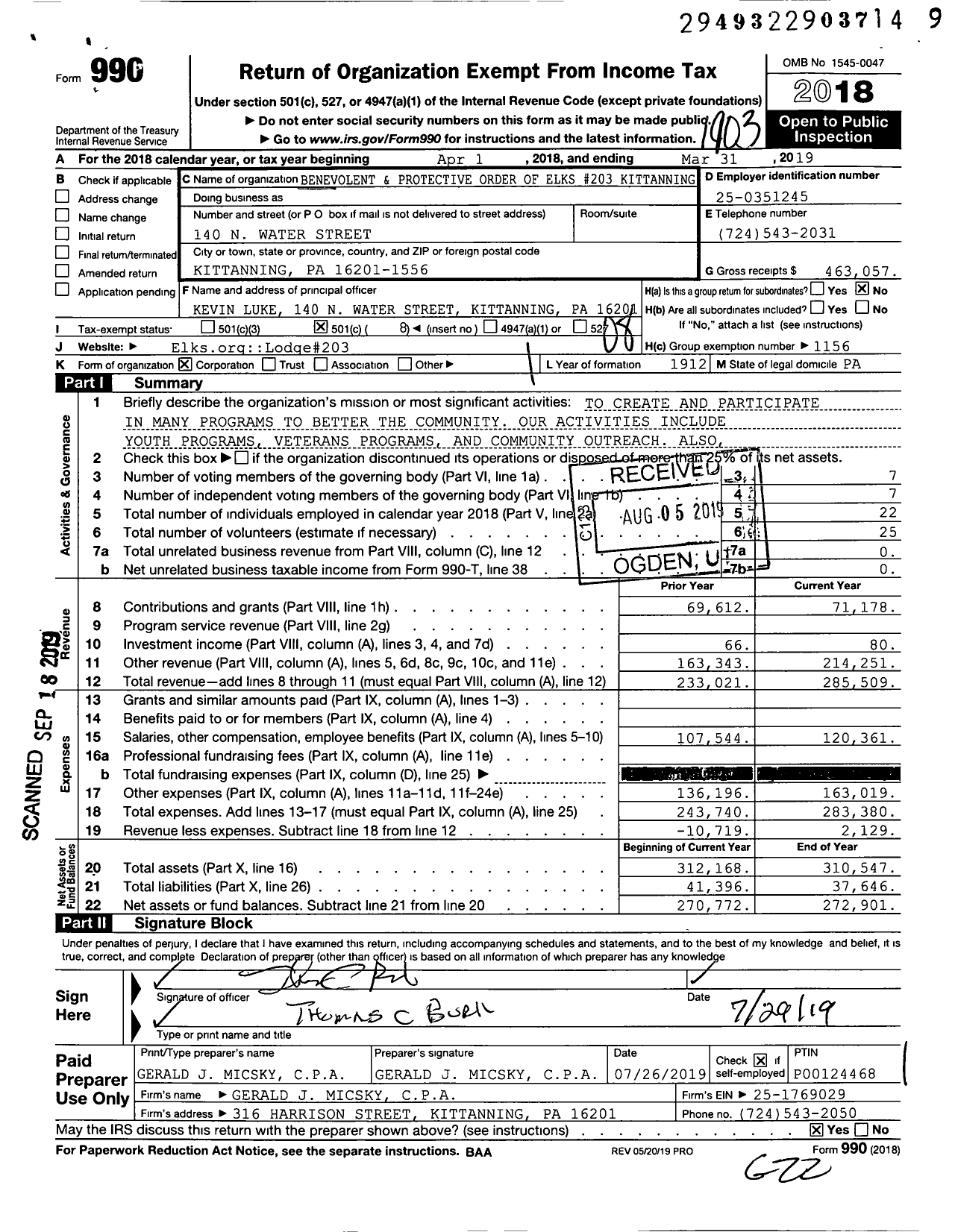 Image of first page of 2018 Form 990O for Benevolent and Protective Order of Elks - 203 Kittanning