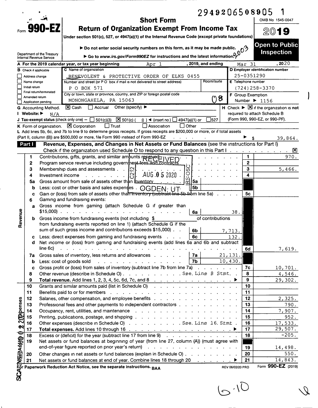 Image of first page of 2019 Form 990EO for Benevolent and Protective Order of Elks - 0455 Monogahela