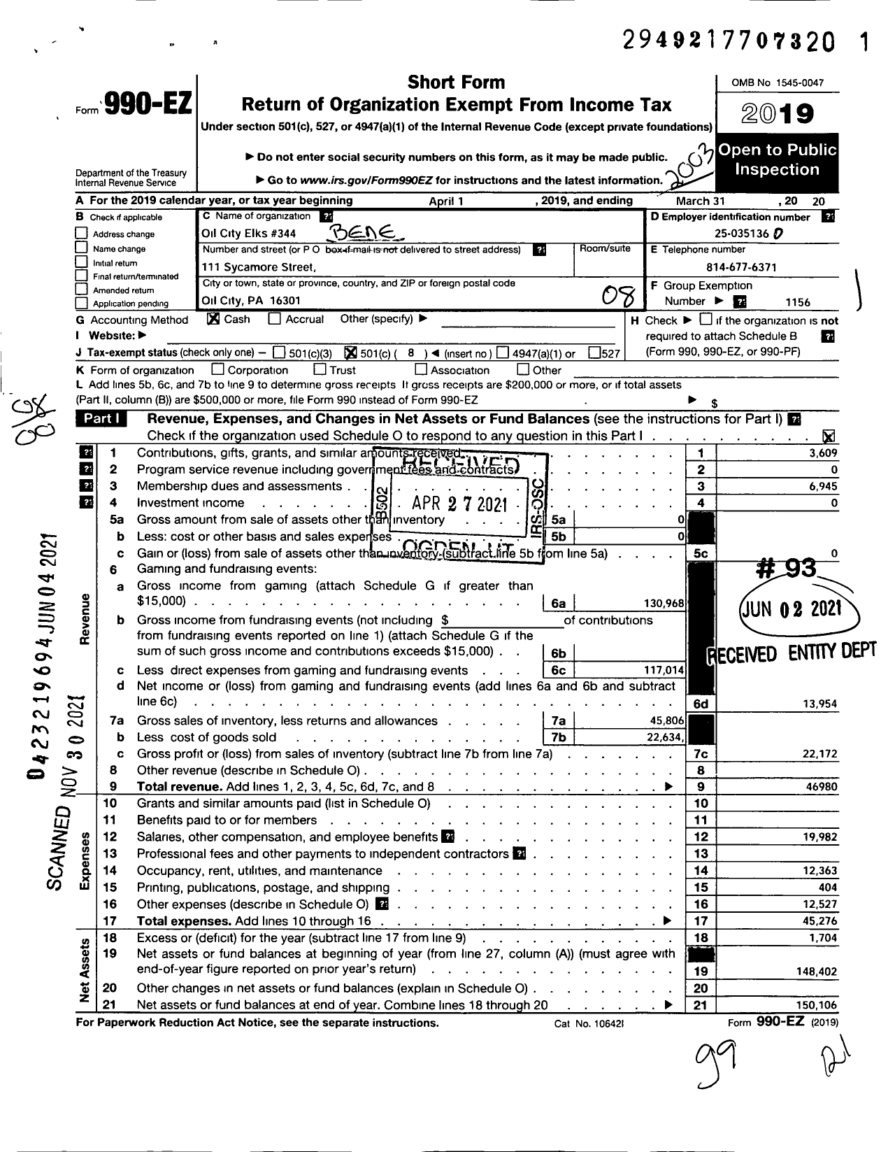 Image of first page of 2019 Form 990EO for Benevolent and Protective Order of Elks - 0344 Oil City