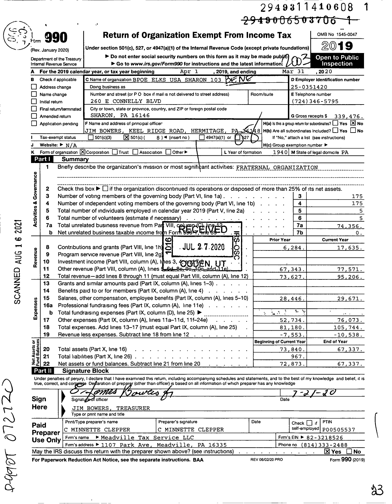 Image of first page of 2019 Form 990O for Benevolent and Protective Order of elks - 103 SHARON