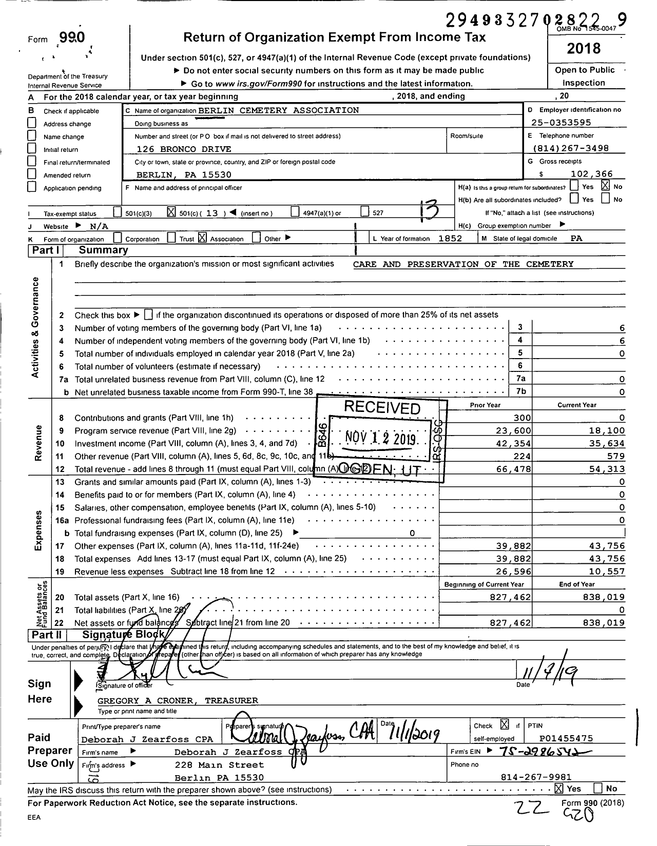 Image of first page of 2018 Form 990O for Berlin Cemetery Association