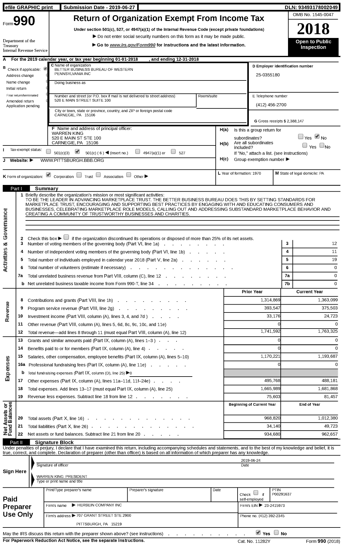 Image of first page of 2018 Form 990 for Better Business Bureau of Western Pennsylvania (BBB)