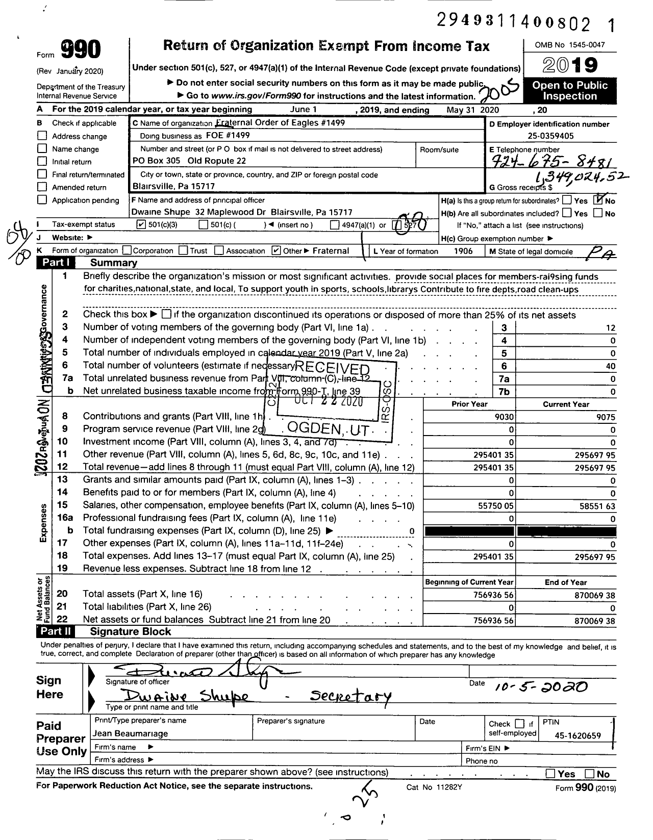 Image of first page of 2019 Form 990O for Fraternal Order of Eagles - Fraternal Order Eagles Foe 1488
