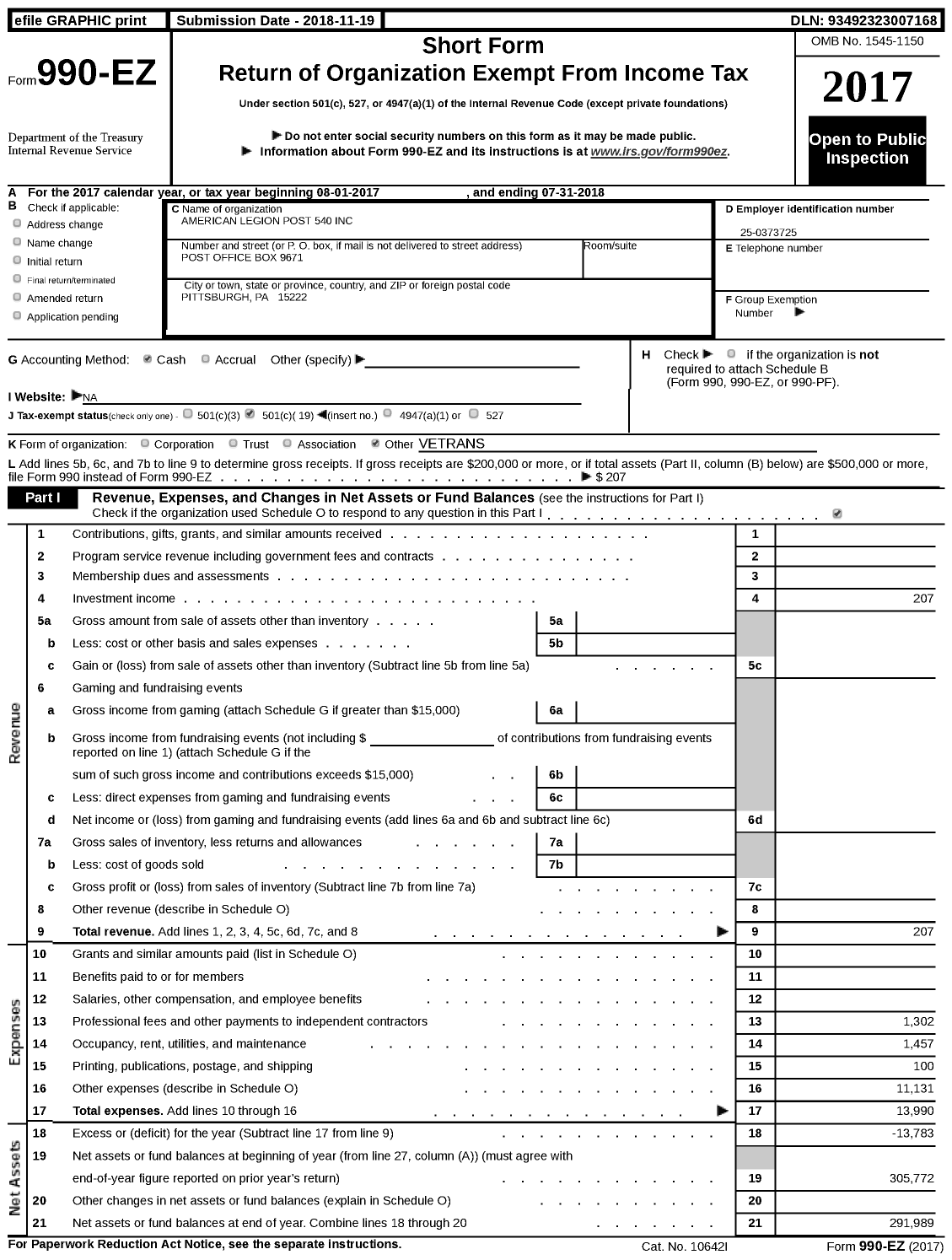 Image of first page of 2017 Form 990EZ for American Legion - 540 Brookline