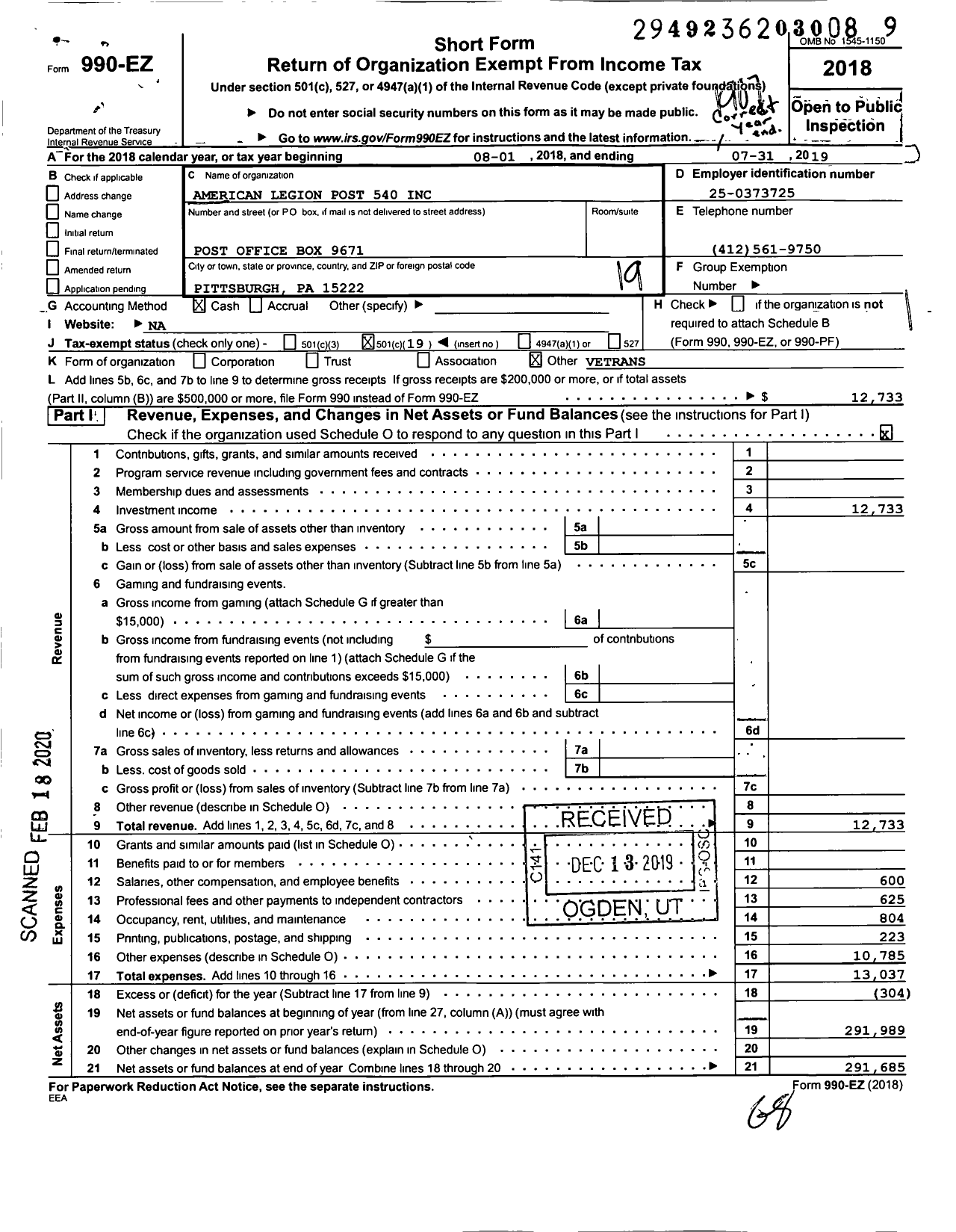 Image of first page of 2018 Form 990EO for American Legion - 540 Brookline