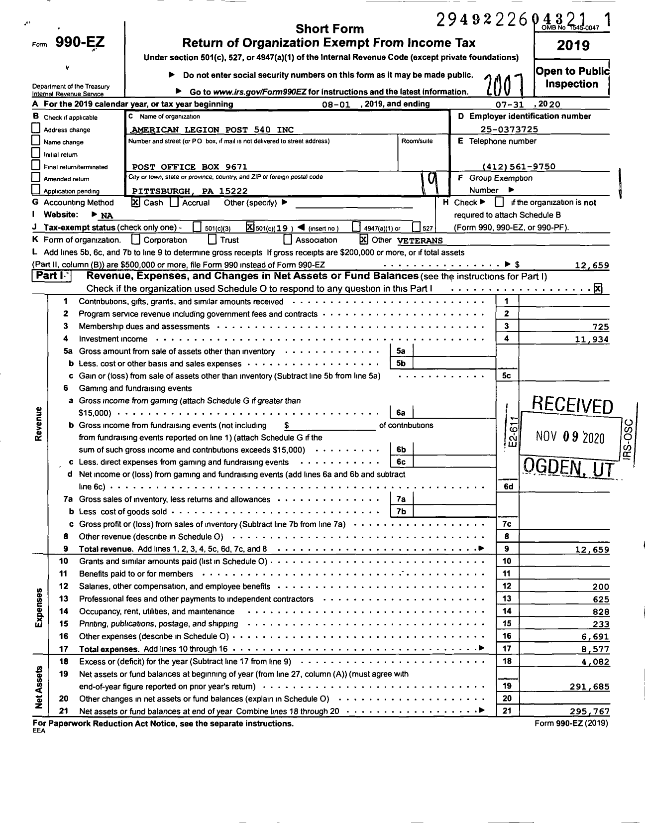 Image of first page of 2019 Form 990EO for American Legion - 540 Brookline