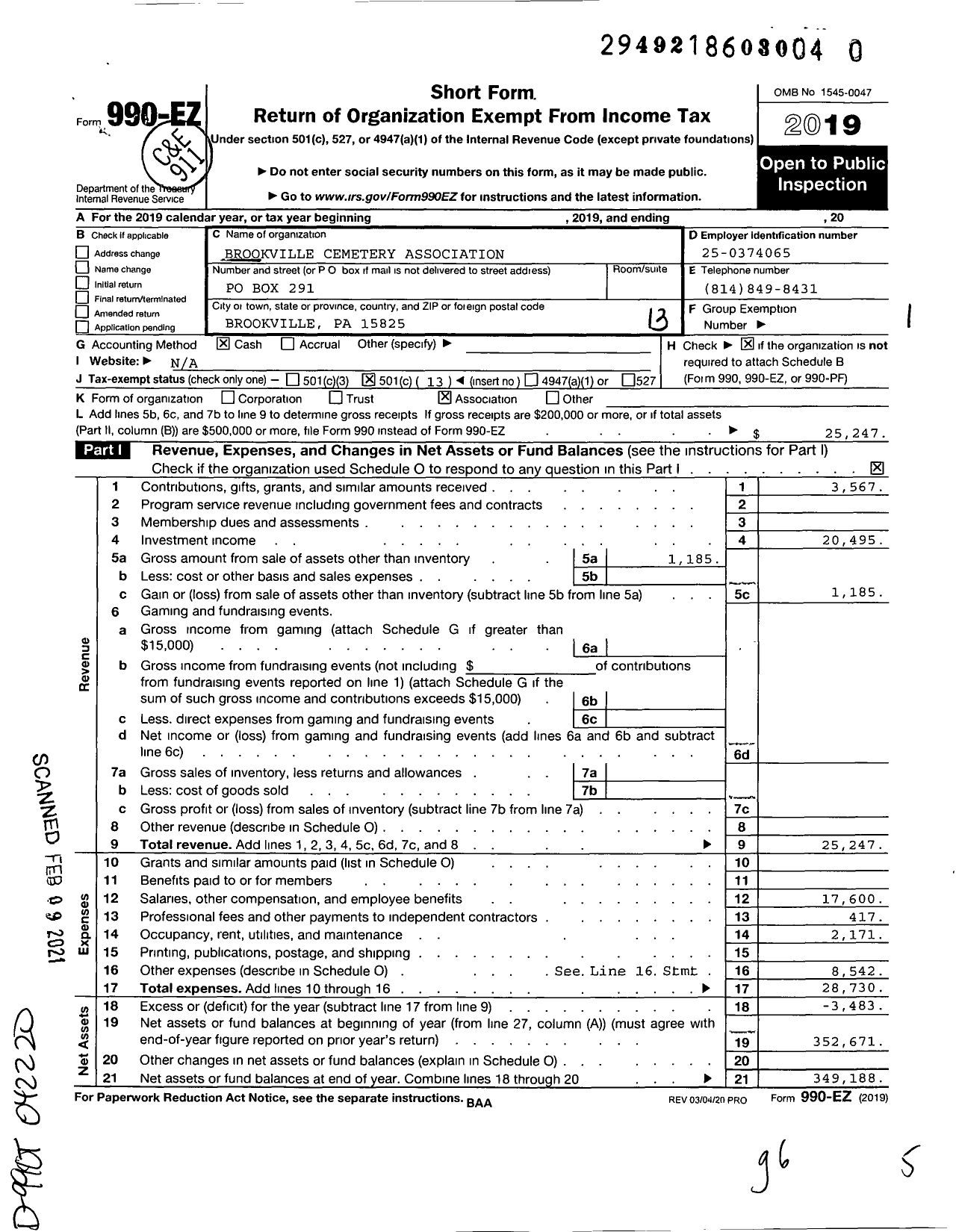 Image of first page of 2019 Form 990EO for Brookville Cemetery Company