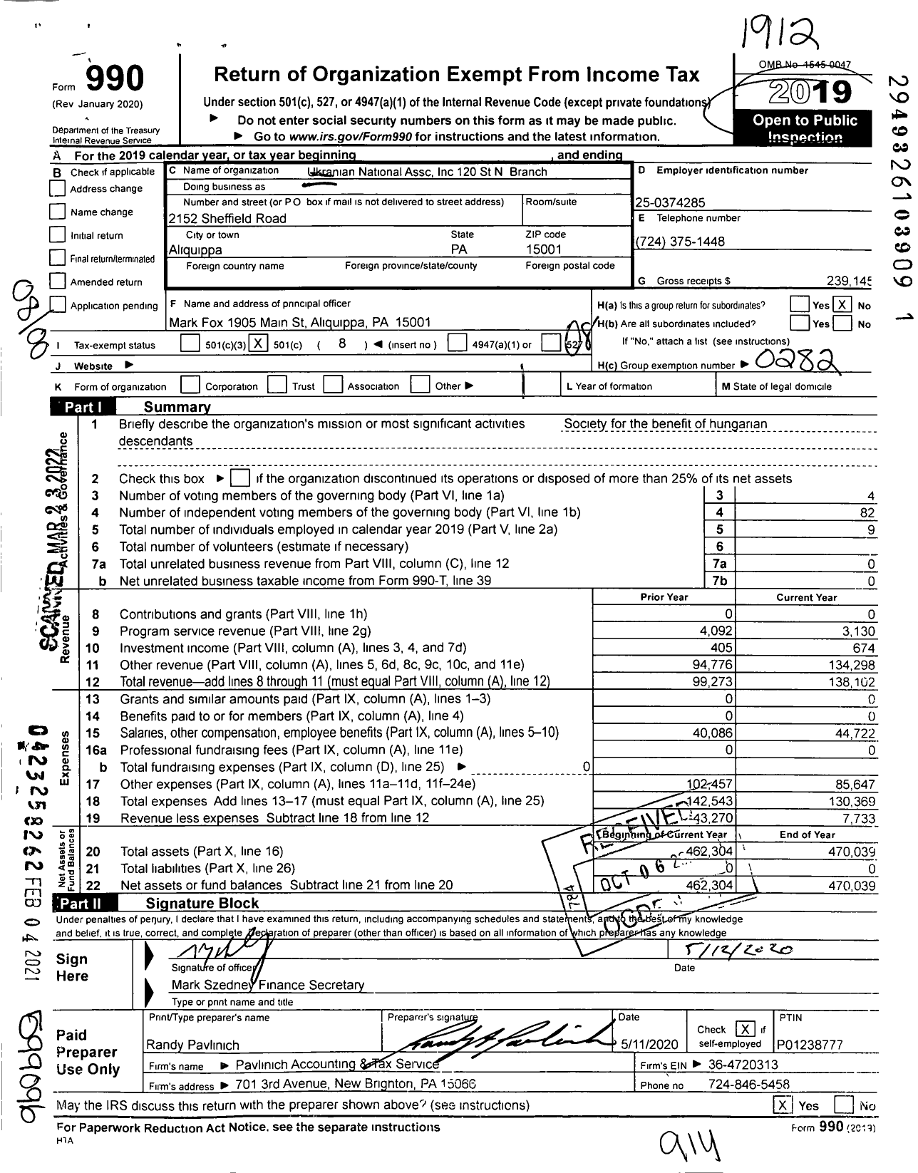 Image of first page of 2019 Form 990O for Ukrainian National Association - 120 St Nicholas Branch