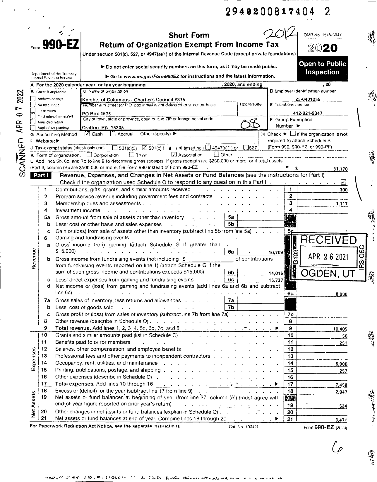 Image of first page of 2020 Form 990EO for Knights OF COLUMBUS - 875 Charitiers Council