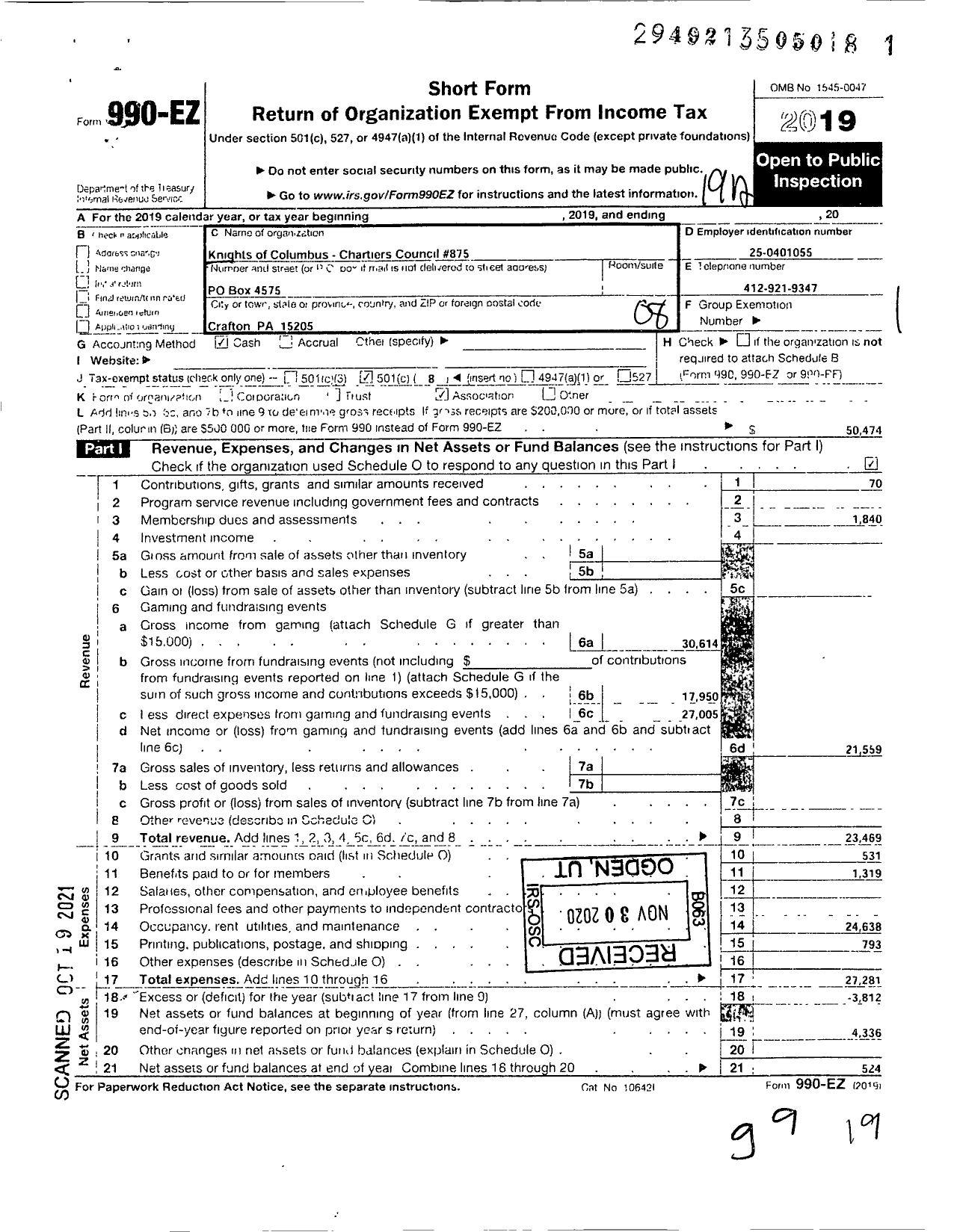 Image of first page of 2019 Form 990EO for Knights OF COLUMBUS - 875 Charitiers Council