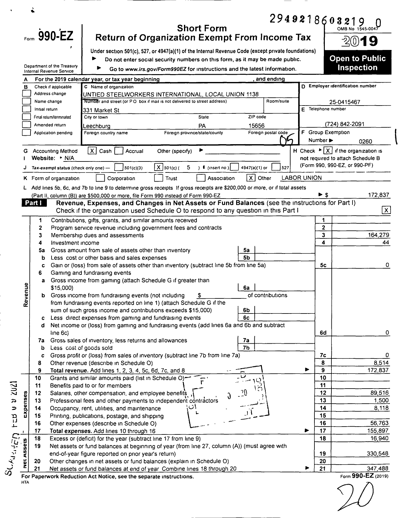 Image of first page of 2019 Form 990EO for United Steelworkers - 01138 Local