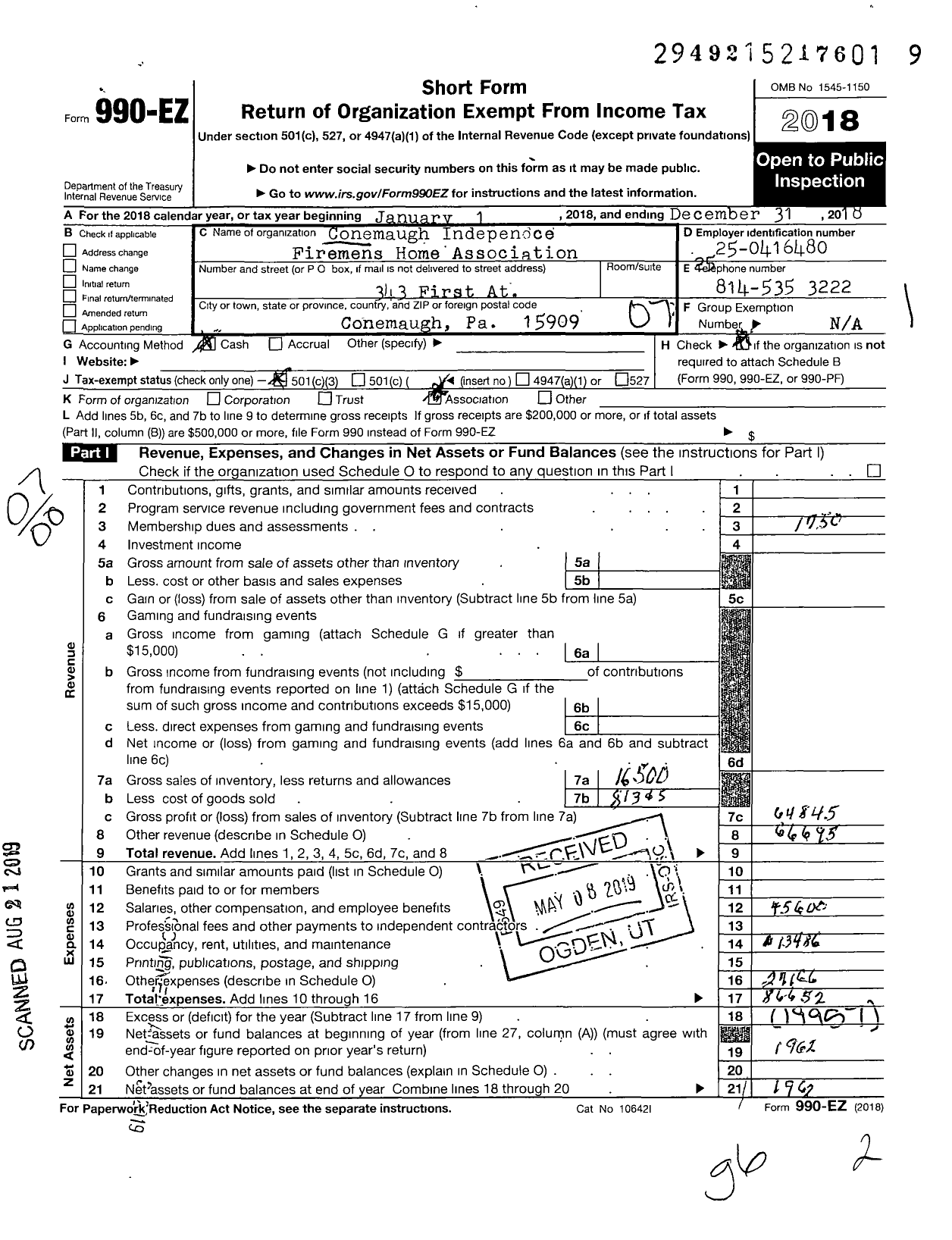 Image of first page of 2018 Form 990EO for Conemaugh Independence Firemens Home Association