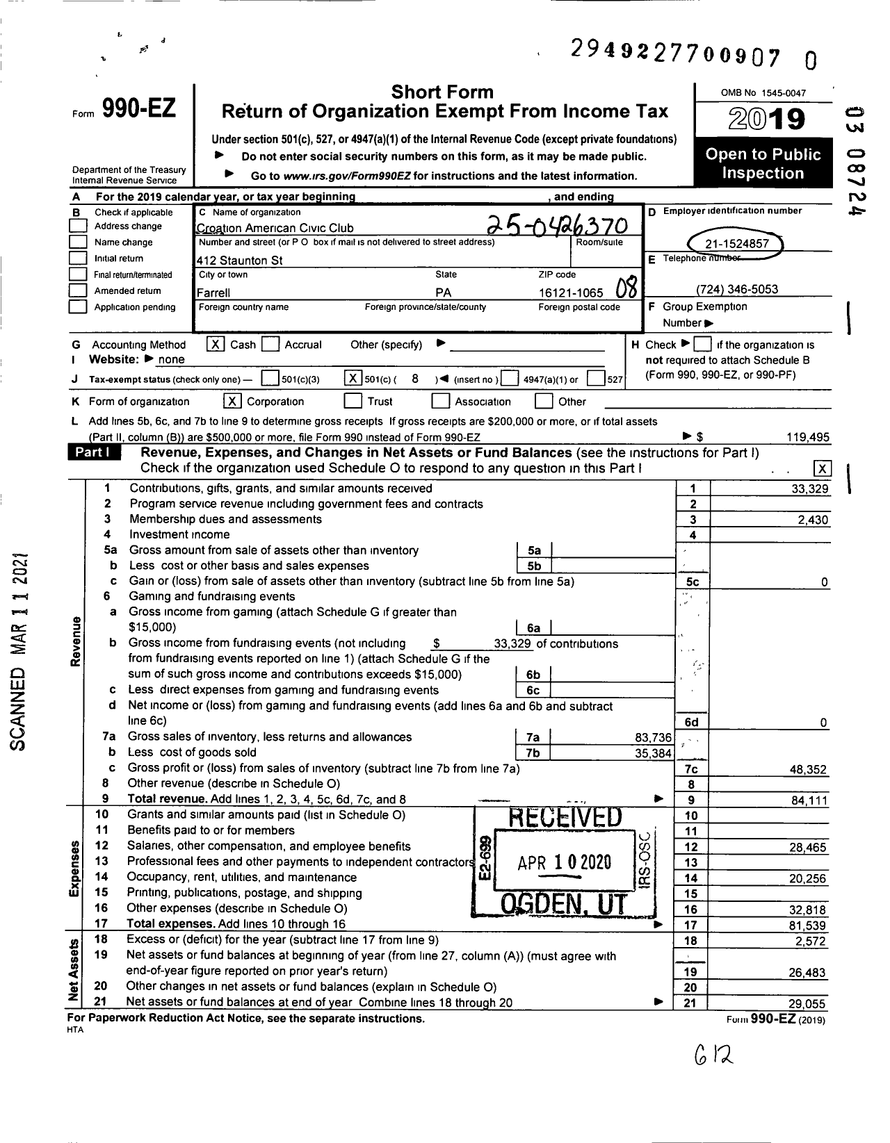 Image of first page of 2019 Form 990EO for Croatian American Civic Club