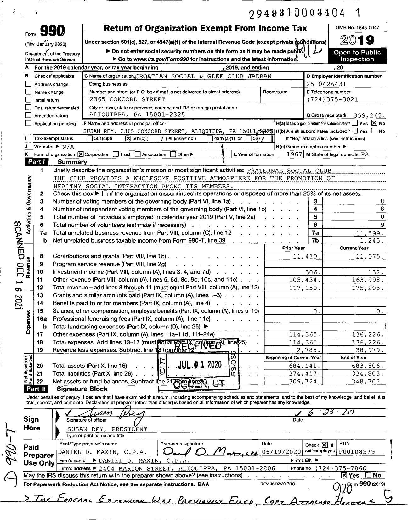 Image of first page of 2019 Form 990O for Croatian Social and Glee Club Jadran