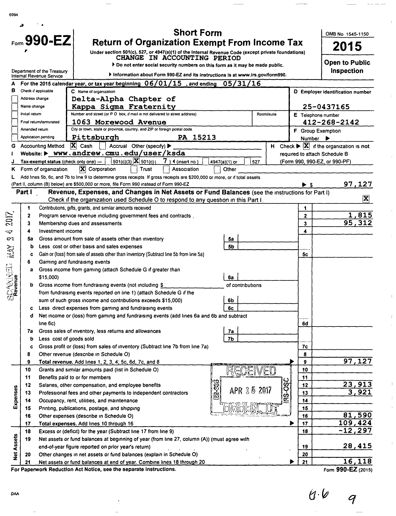 Image of first page of 2015 Form 990EO for Delta-Alpha Chapter of Kappa Sigma Fraternity