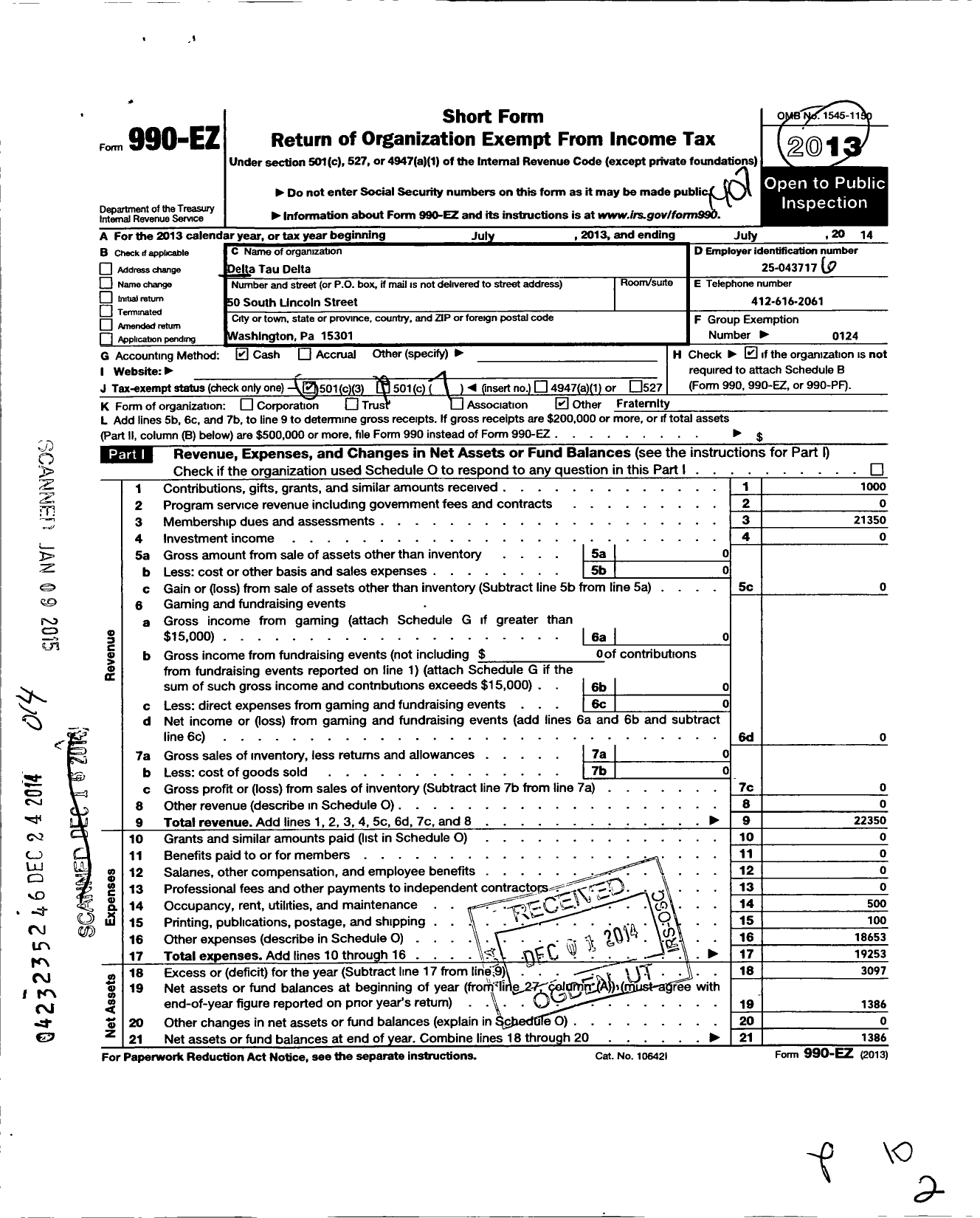 Image of first page of 2013 Form 990EO for Delta Tau Delta Fraternity - Gamma Chapter