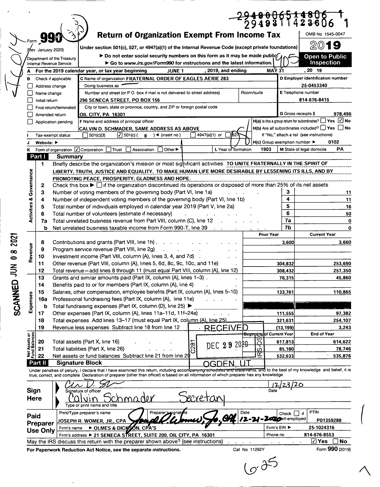 Image of first page of 2018 Form 990O for Fraternal Order of Eagles - 283 Aerie