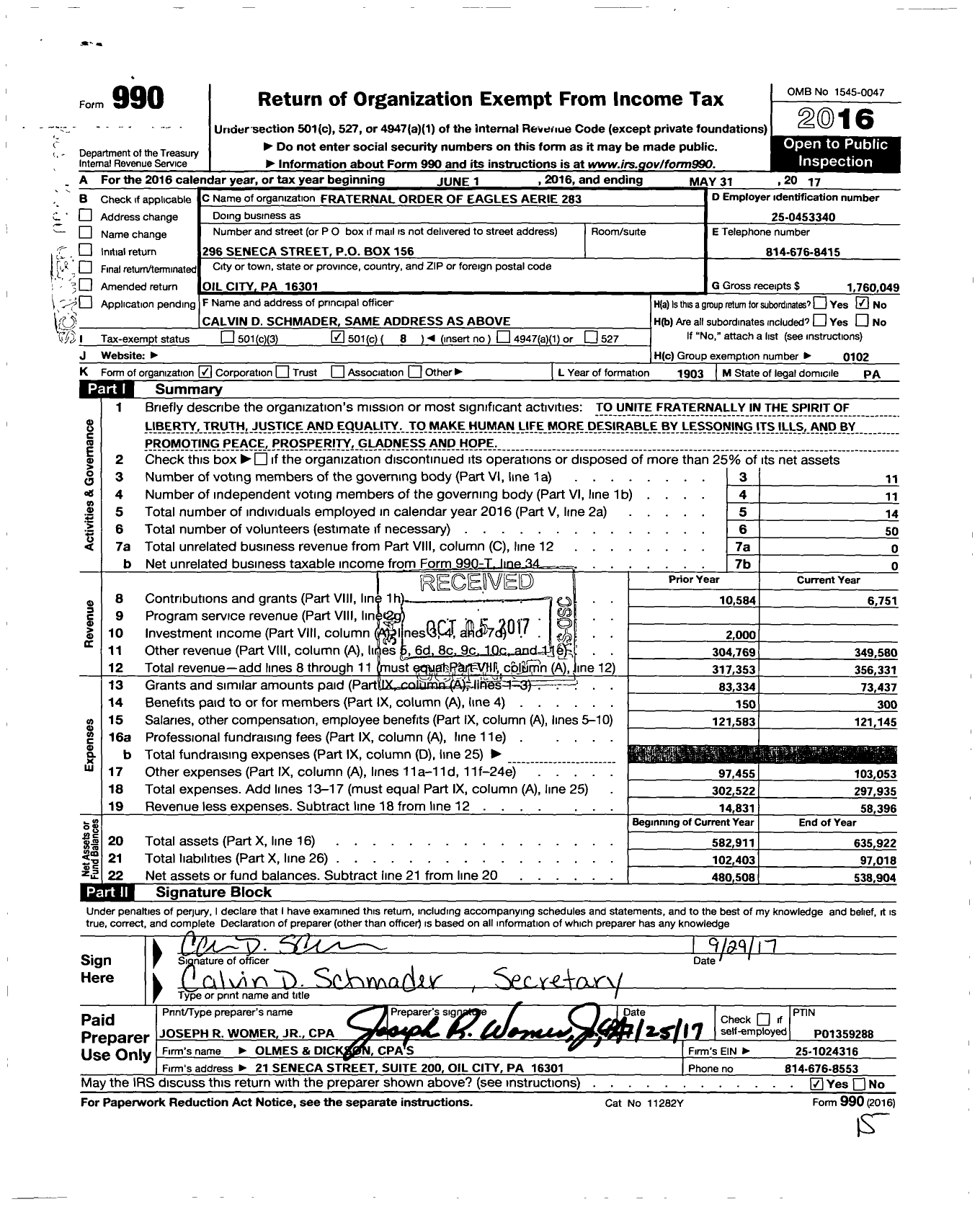 Image of first page of 2016 Form 990O for Fraternal Order of Eagles - 283 Aerie