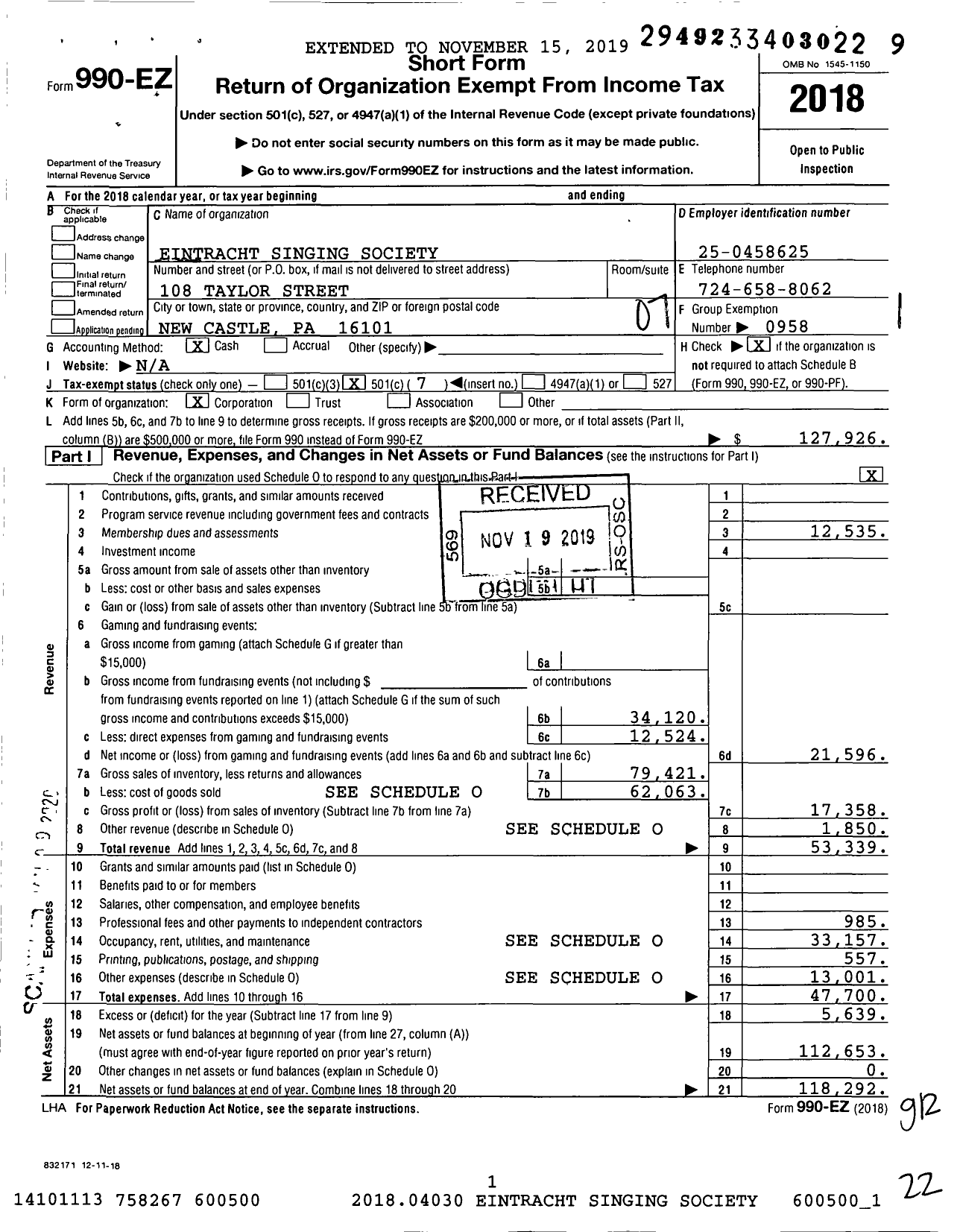 Image of first page of 2018 Form 990EO for ALLIANCE OF TRANSYLVANIA SAXON OF US - 25 Eintracht Singing Society Branch