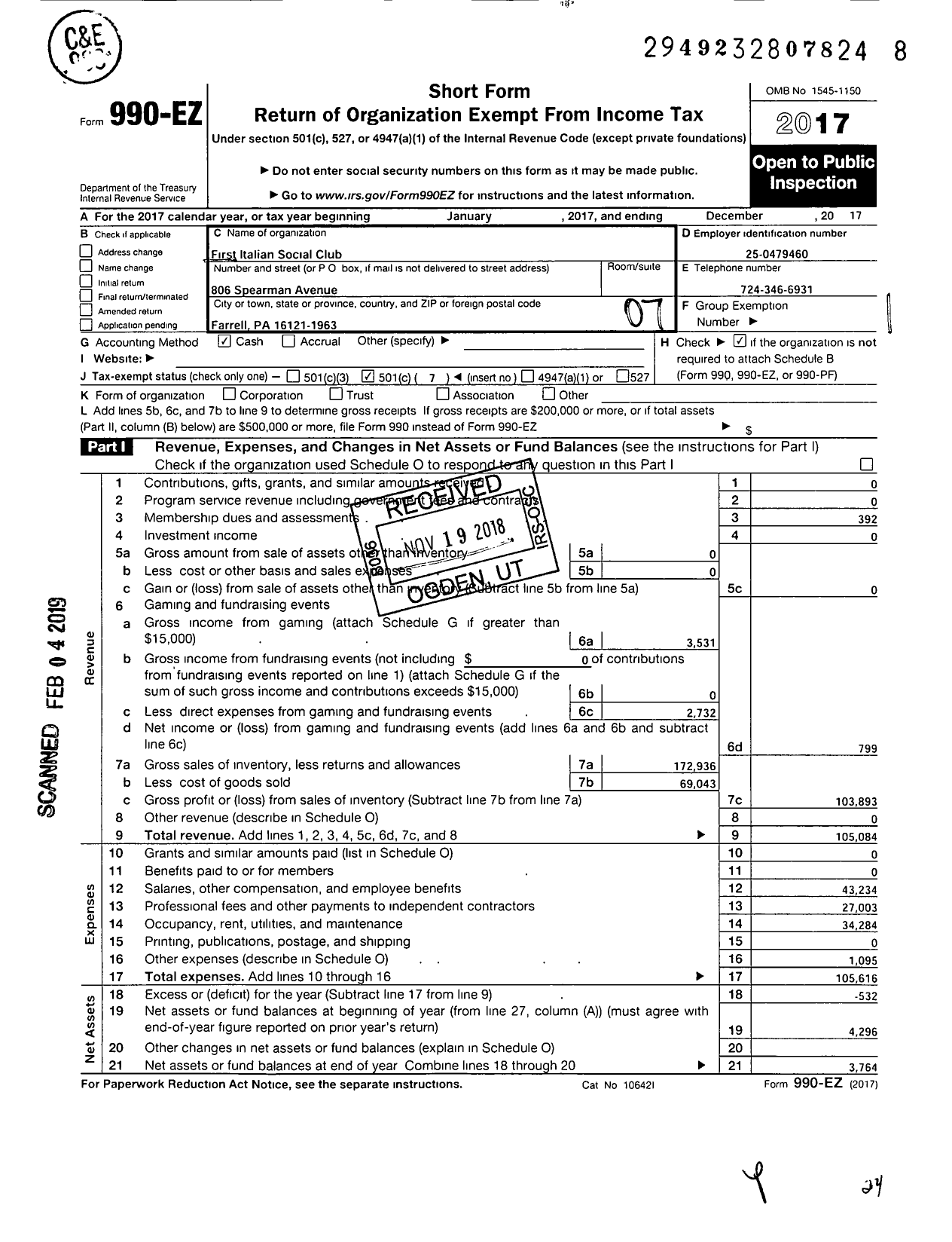 Image of first page of 2017 Form 990EO for First Italian Social Club