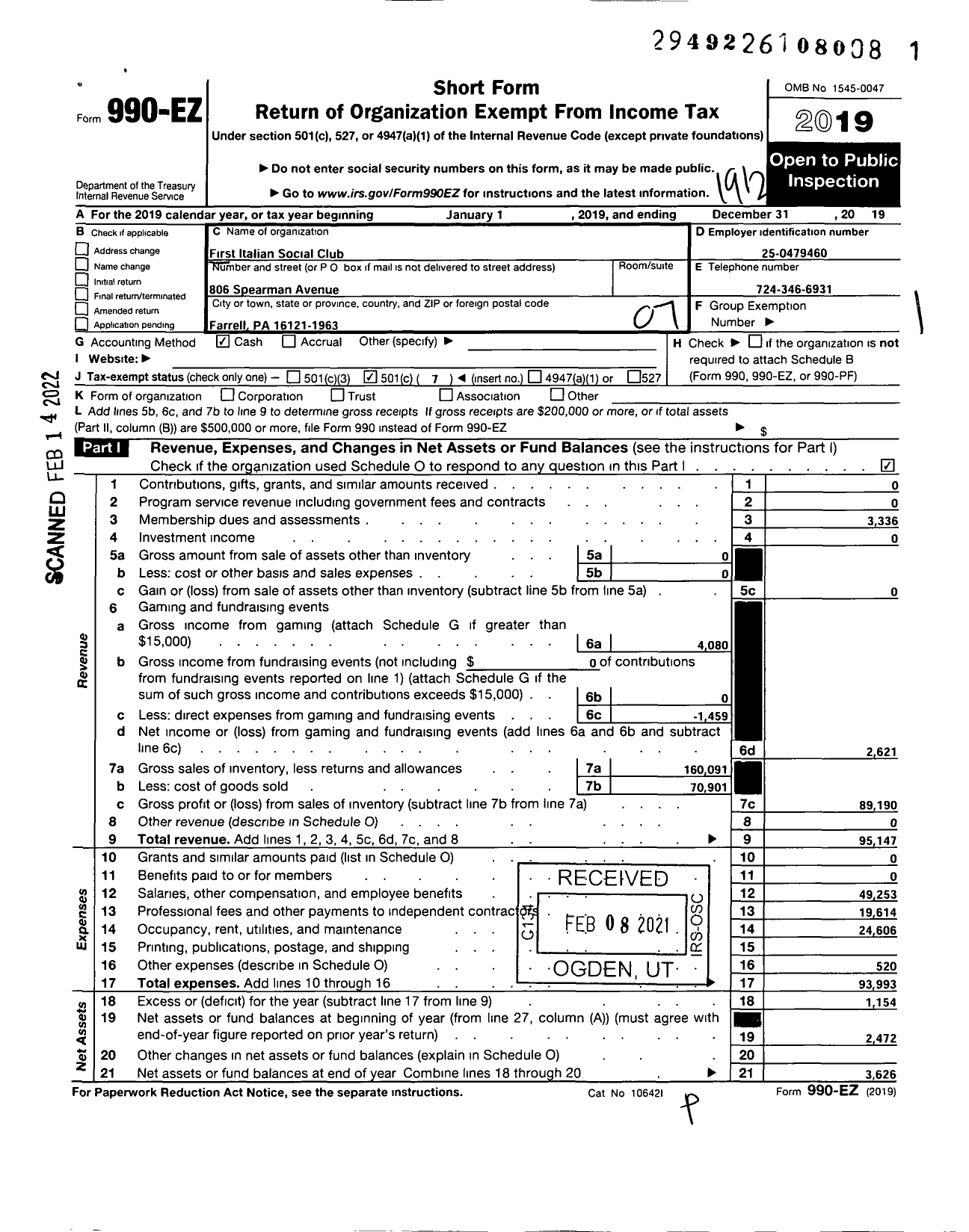 Image of first page of 2019 Form 990EO for First Italian Social Club