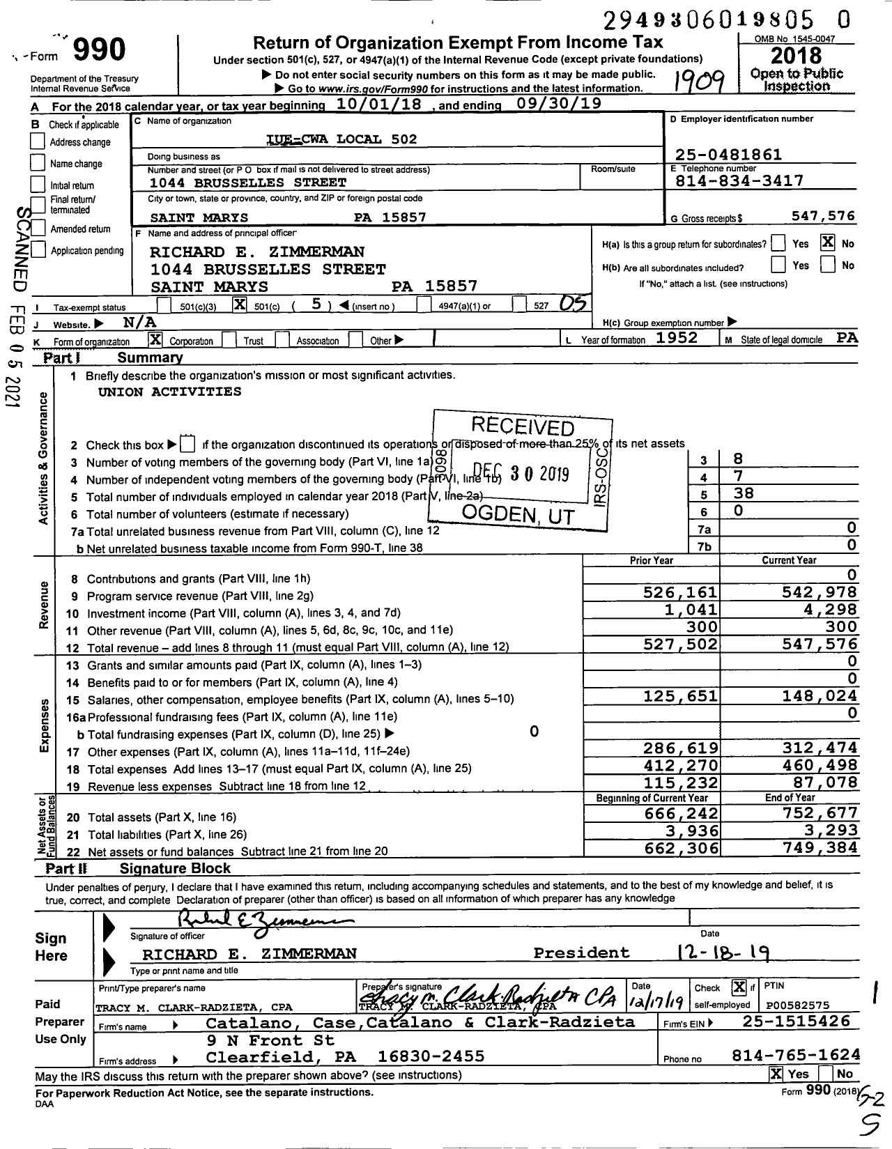 Image of first page of 2018 Form 990O for Communications Workers of America - 502 Local