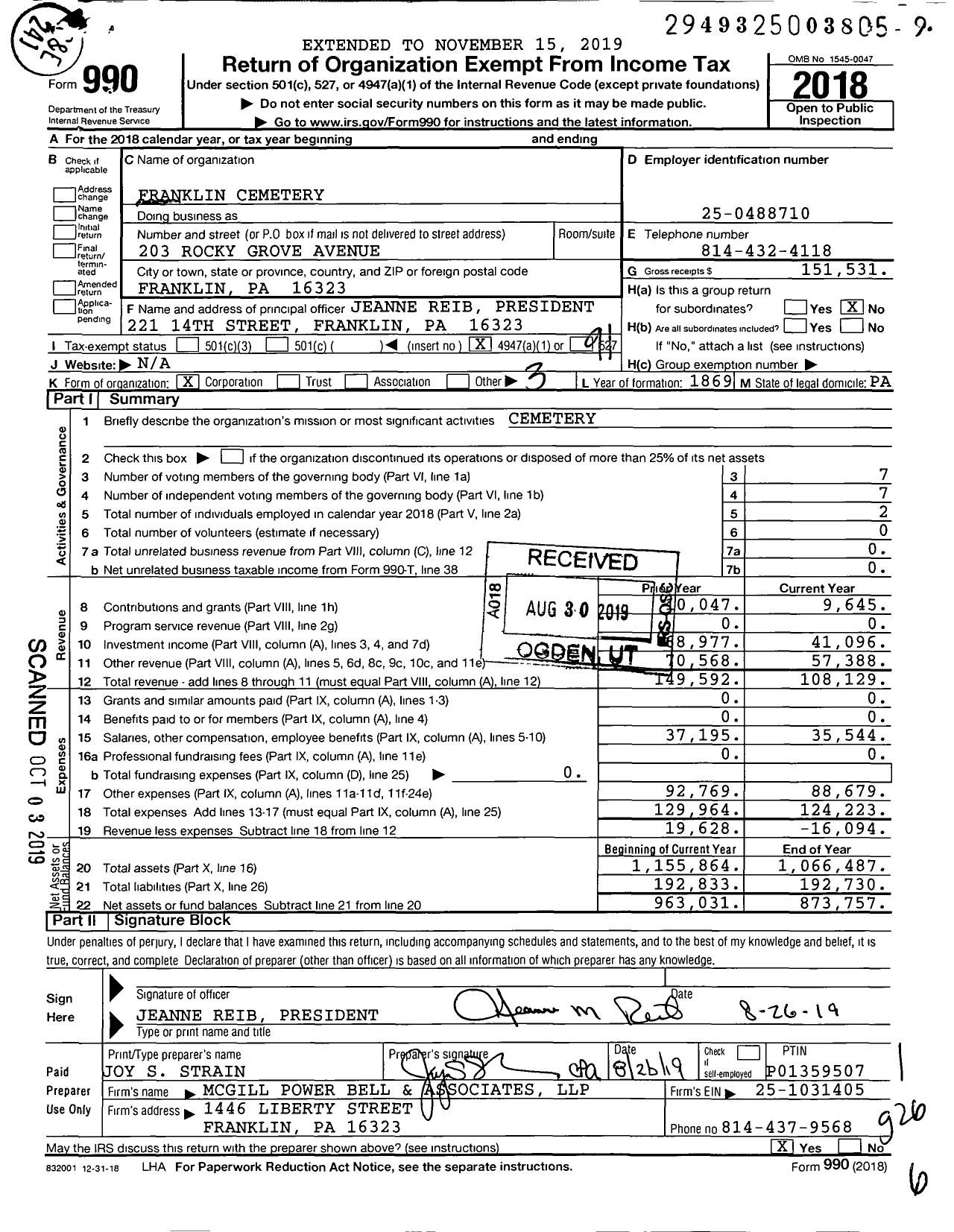 Image of first page of 2018 Form 990O for Franklin Cemetery