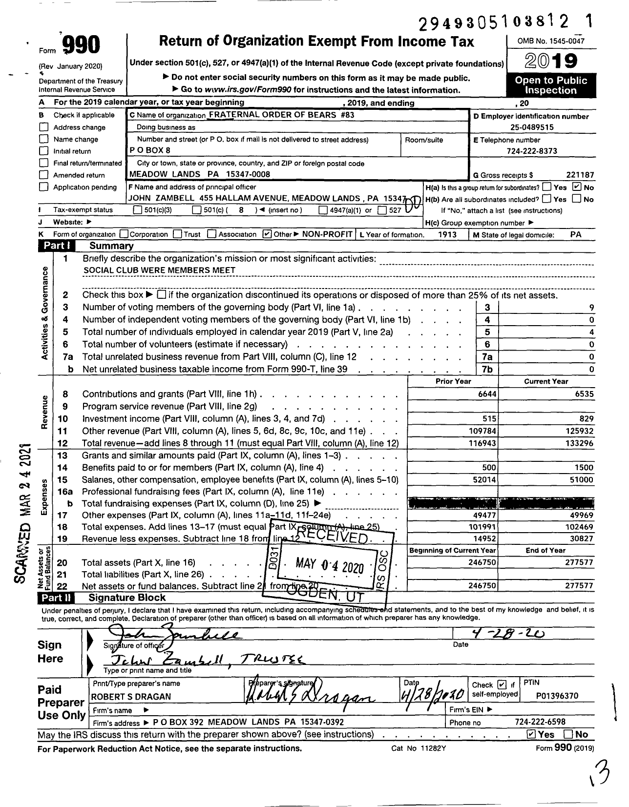 Image of first page of 2019 Form 990O for Fraternal Order of Bears 83