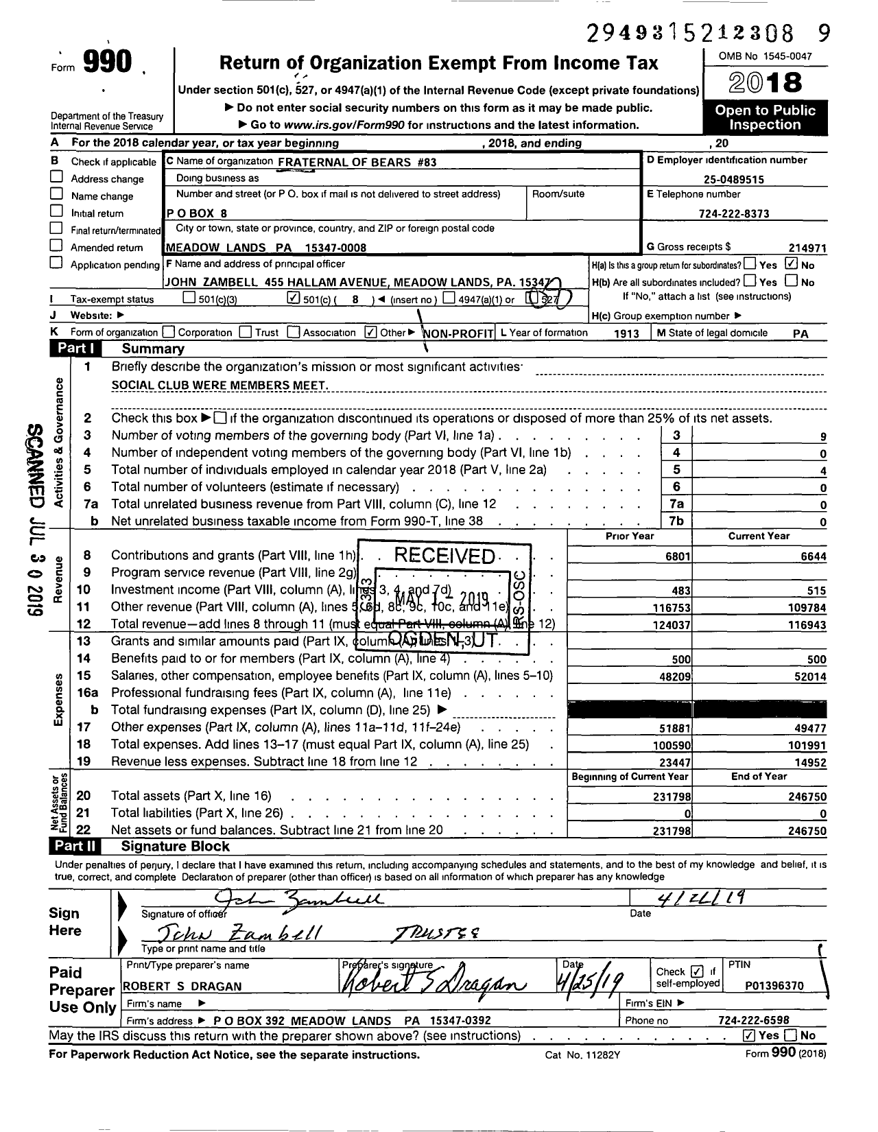 Image of first page of 2018 Form 990O for Fraternal Order of Bears 83