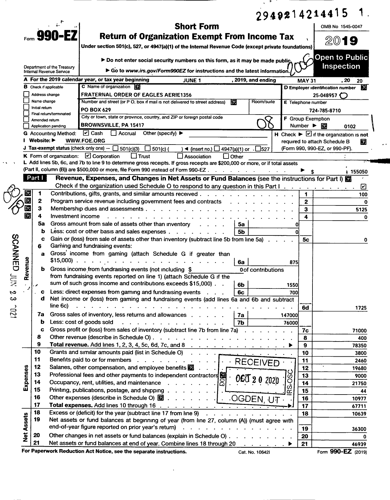 Image of first page of 2019 Form 990EO for Fraternal Order of Eagles - 1356 Brownsville Aerie