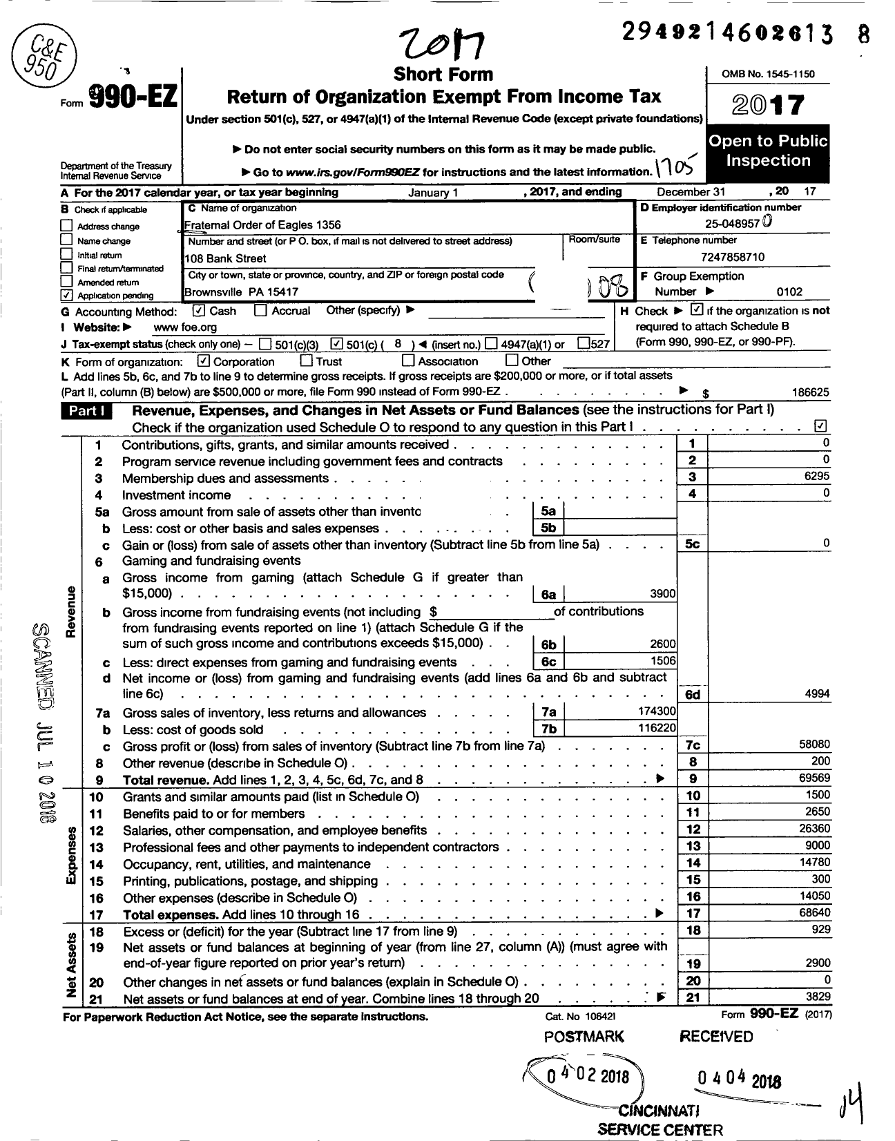 Image of first page of 2016 Form 990EO for Fraternal Order of Eagles - 1356 Brownsville Aerie