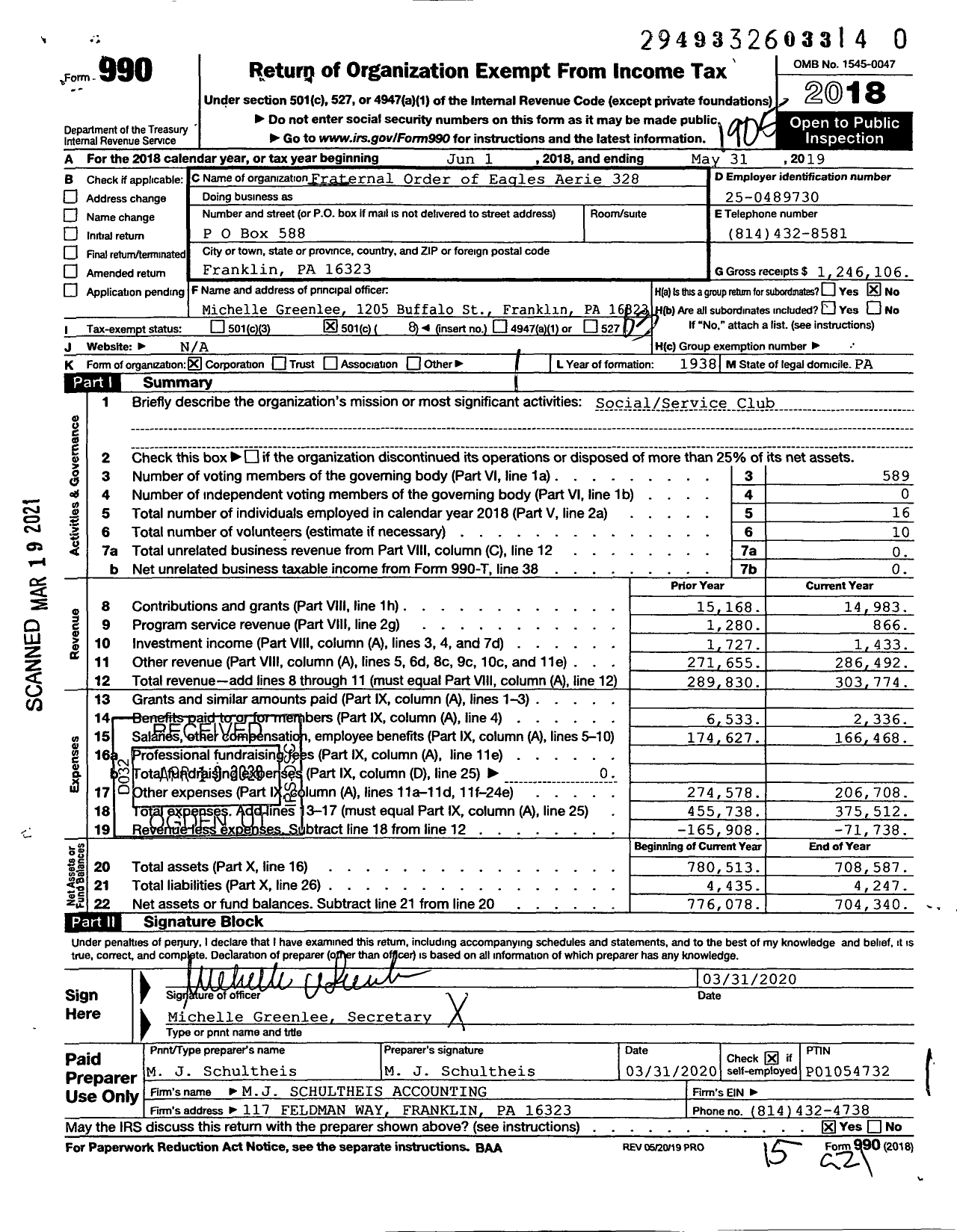 Image of first page of 2018 Form 990 for Fraternal Order of Eagles - 328 Aerie